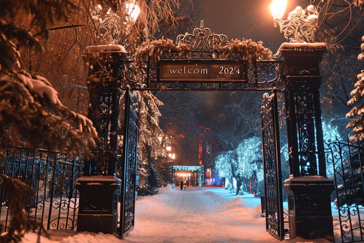 The gate is a portal to the New Year, above the gate is the inscription \"welcom 2024\"