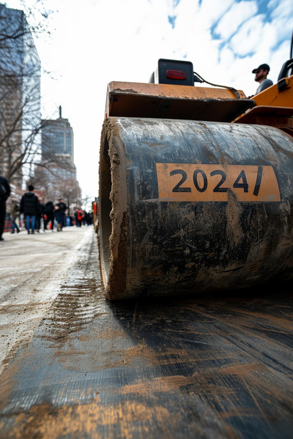 Low view at giant enormous roll of steamroller with letters \"2024\" comprising the whole frame of the picture and approaching to spectator realistic photo