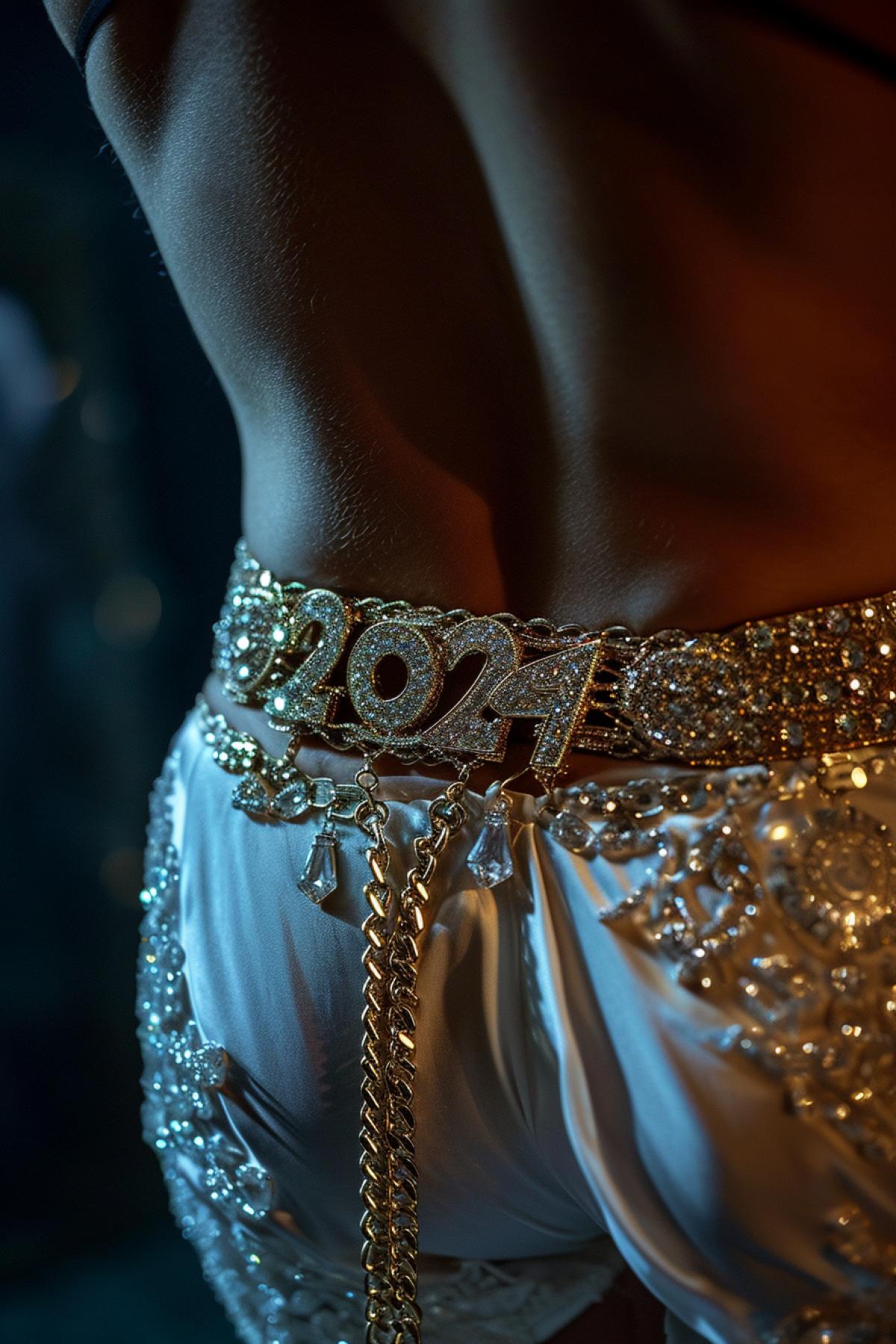 Diamonds forming text \"2024\" on narrow leather belt golden chain on hips over lady\"s bottom below back jewelry advertising photo