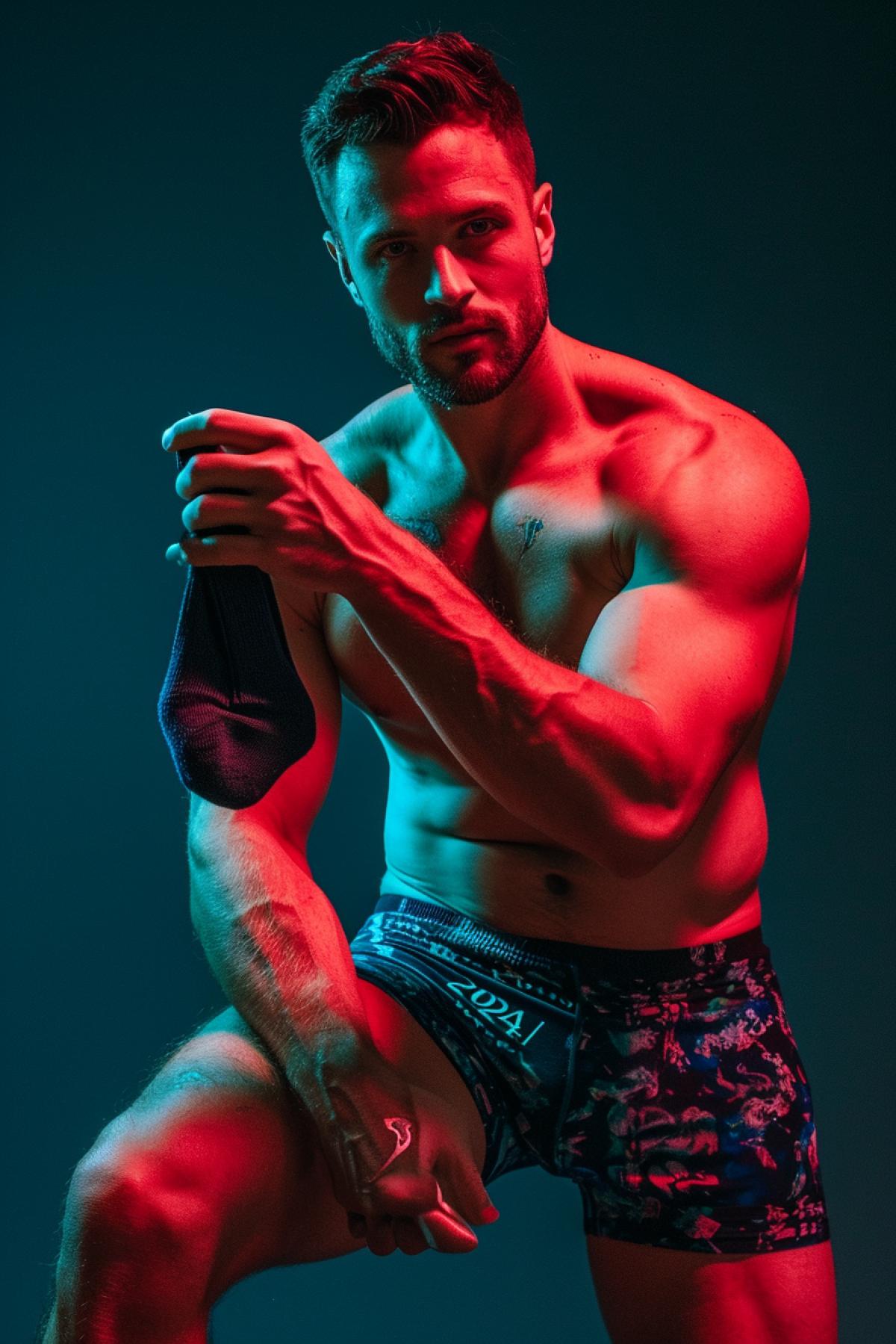 Handsome man wearing luxury trunks holding in hand a sock with inscription \"2024\"