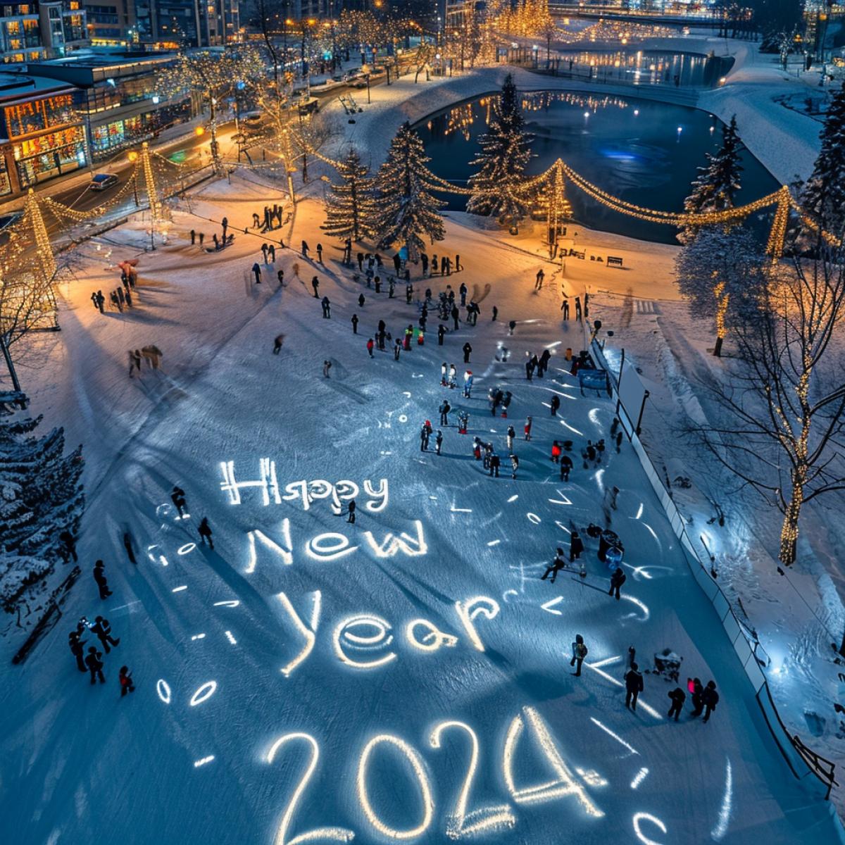 “Happy New Year 2024” is written in letters trampled on the snow on a skating rink in the middle of the New Year’s city, view from above
