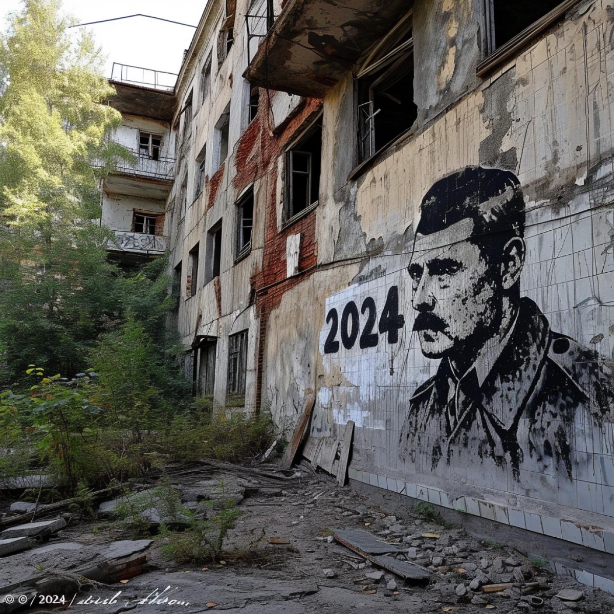 “2024” is written in graffiti on a wall in the area of ​​old Soviet Khrushchev buildings