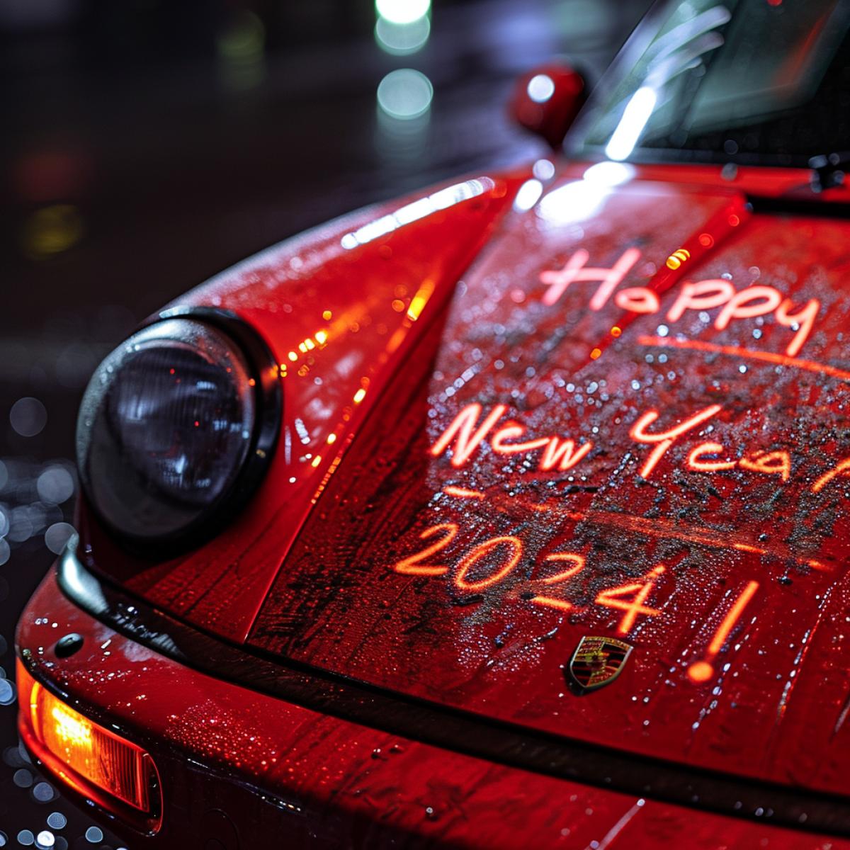 \"Happy New Year 2024!\" written in red letters that look like wet liquid latex on a red Porsche hood, water drops, mysterious lighting