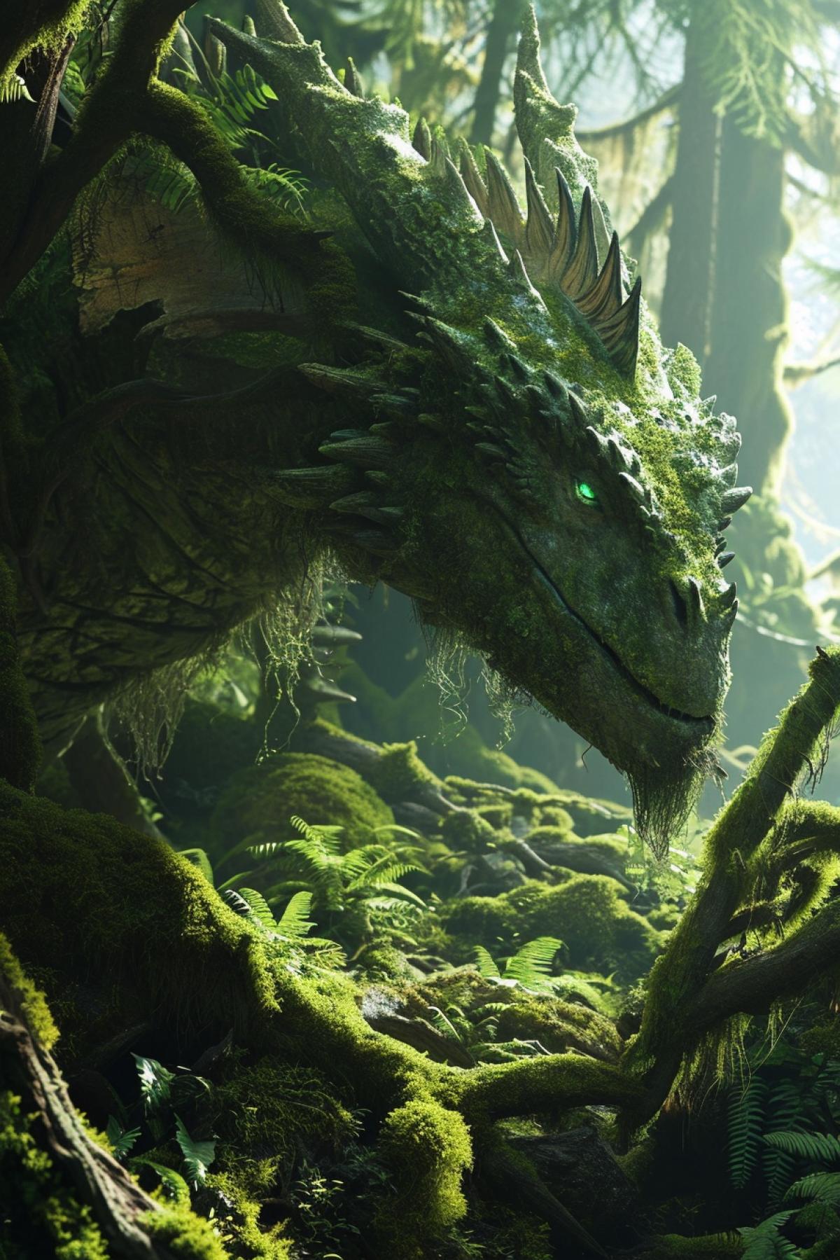 Beneath the shadows of ancient trees in an enchanted forest, a Mossfire Dragon rests, its emerald-green scales blending seamlessly with the lush surroundings. Bioluminescent moss clings to its massive form, casting an enchanting glow. The dragon\"s wise gaze and the vibrant flora create an atmosphere of serenity, as if nature itself has manifested a guardian to protect the sacred groves.