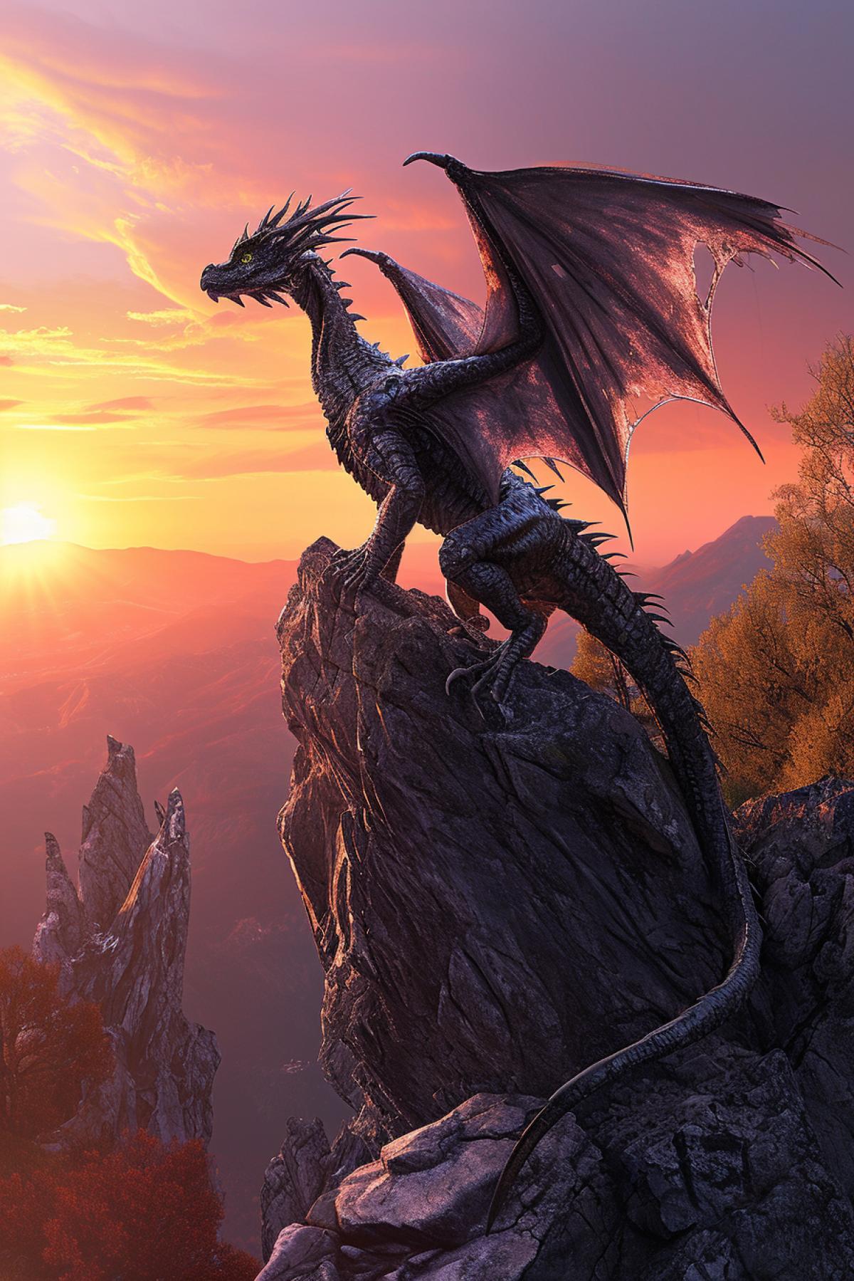High above a mystical mountain range, witness the majestic silhouette of a Crystalwing Dragon soaring against the backdrop of a vibrant sunset. Its scales refract the fading light, creating an ethereal display. The dragon\"s elongated body, adorned with iridescent spines, exudes an air of ancient wisdom and peaceful guardianship over the enchanted realm below.