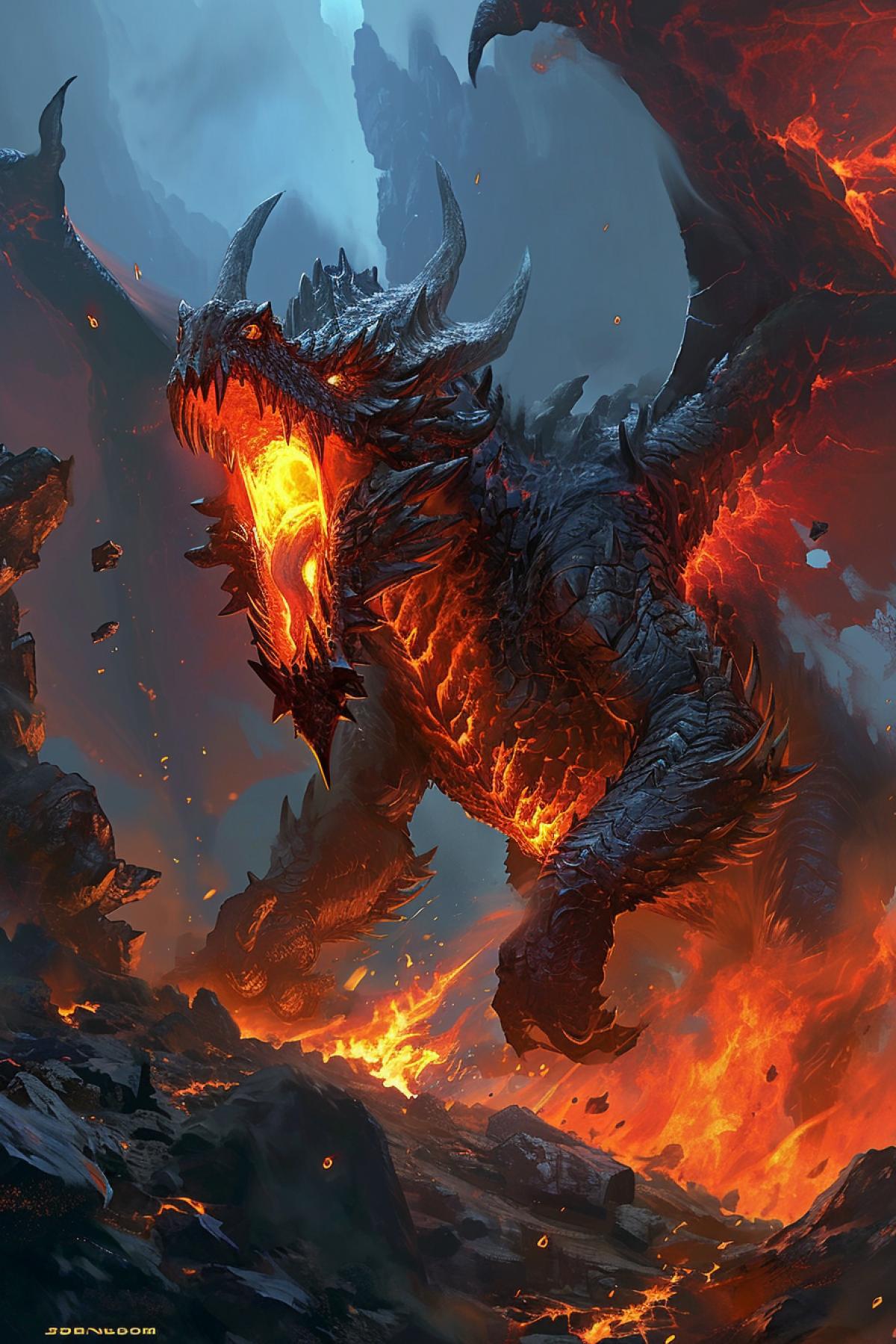 In the heart of a volcanic landscape, an Inferno Drake unleashes torrents of molten flames, its obsidian scales shimmering with an intense heat. The dragon\"s wings, ablaze with fiery hues, cast ominous shadows on the rocky terrain below. The air crackles with energy as the Inferno Drake commands the power of the underworld, embodying the primal force of elemental fury.