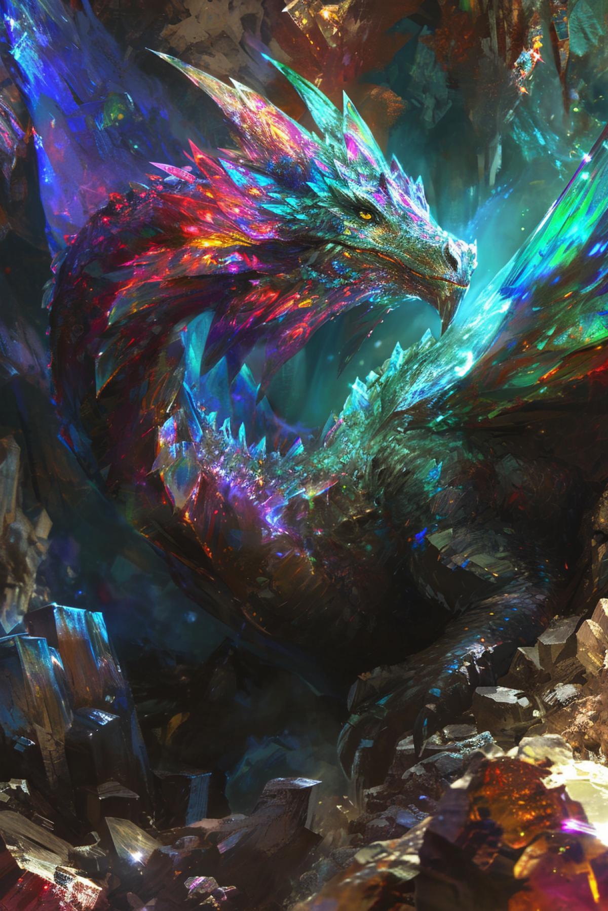 Within the crystalline caverns of an otherworldly realm, a Prismatic Drake bathes in the refracted light of countless gemstones. Its opalescent scales shift through the entire color spectrum, creating an ever-changing spectacle of hues. The dragon\"s presence in this kaleidoscopic sanctuary hints at an ethereal connection between earthly minerals and the essence of magic.