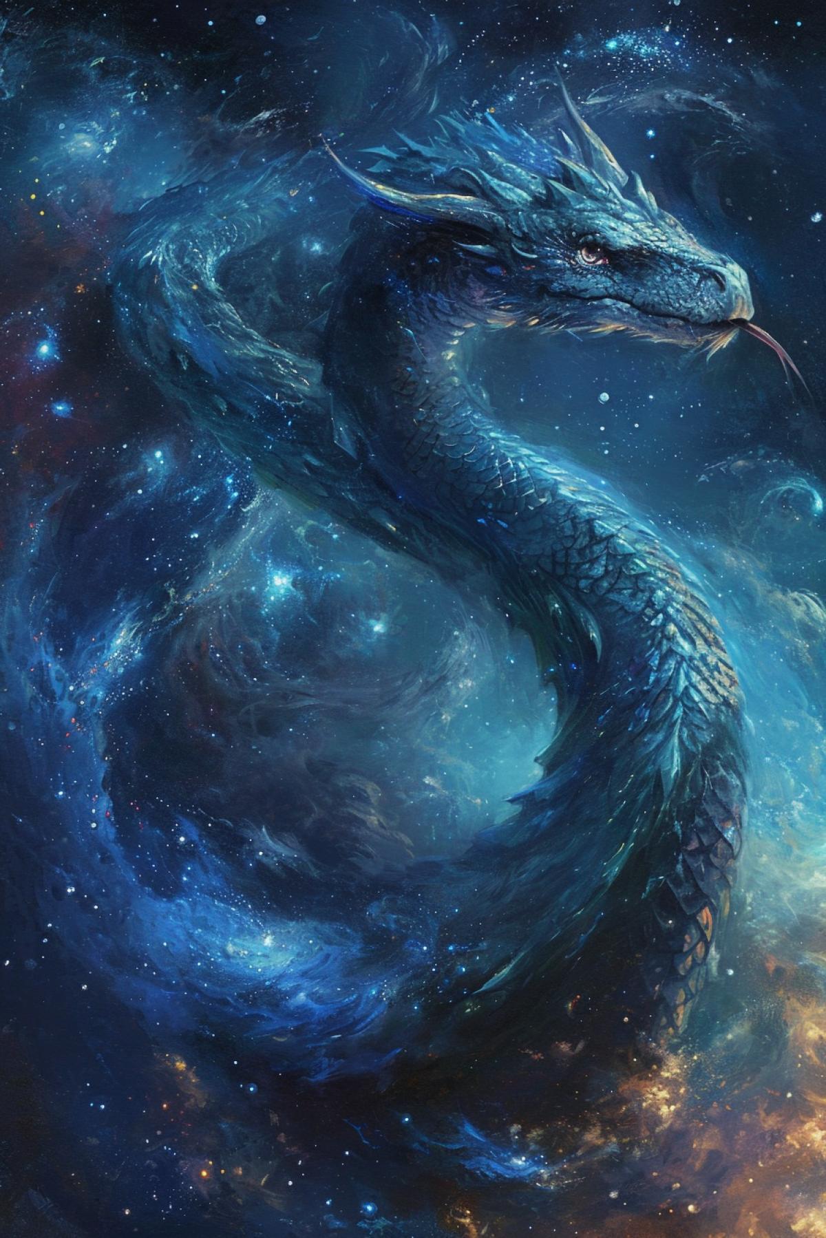 In the heart of a celestial nebula, an Astral Serpent weaves between star clusters with scales that shimmer like galaxies. Its sinuous form navigates the cosmic currents, leaving trails of stardust in its wake. The dragon\"s eyes gleam with the wisdom of eons, embodying the boundless mysteries of the universe.