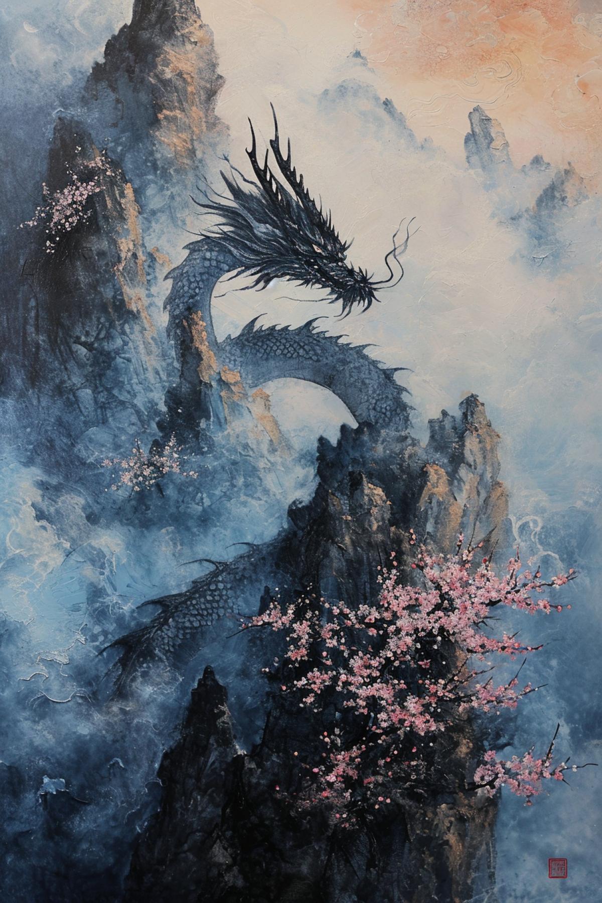 Amidst the mist-shrouded peaks of a mythical mountain, the Celestial Long serenely perches, its long, serpentine body adorned with ethereal clouds. A cascade of cherry blossoms drifts in the mountain breeze, and the dragon\"s scales reflect the hues of a tranquil sunrise. The Celestial Long embodies the harmony of nature and celestial realms, a symbol of prosperity and divine presence.