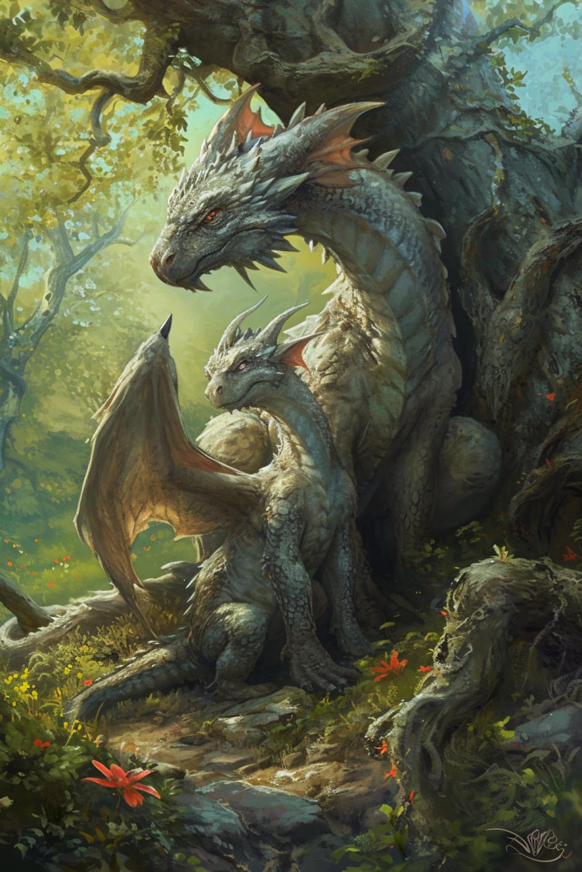 Beneath the protective wings of their mother, Dragon Hatchlings frolic in a hidden grove, their miniature forms adorned with downy scales of pastel hues. Playful flames dance at the tips of their snouts as they explore the enchanted meadow, embodying the innocence and exuberance of youth within the magical realm.