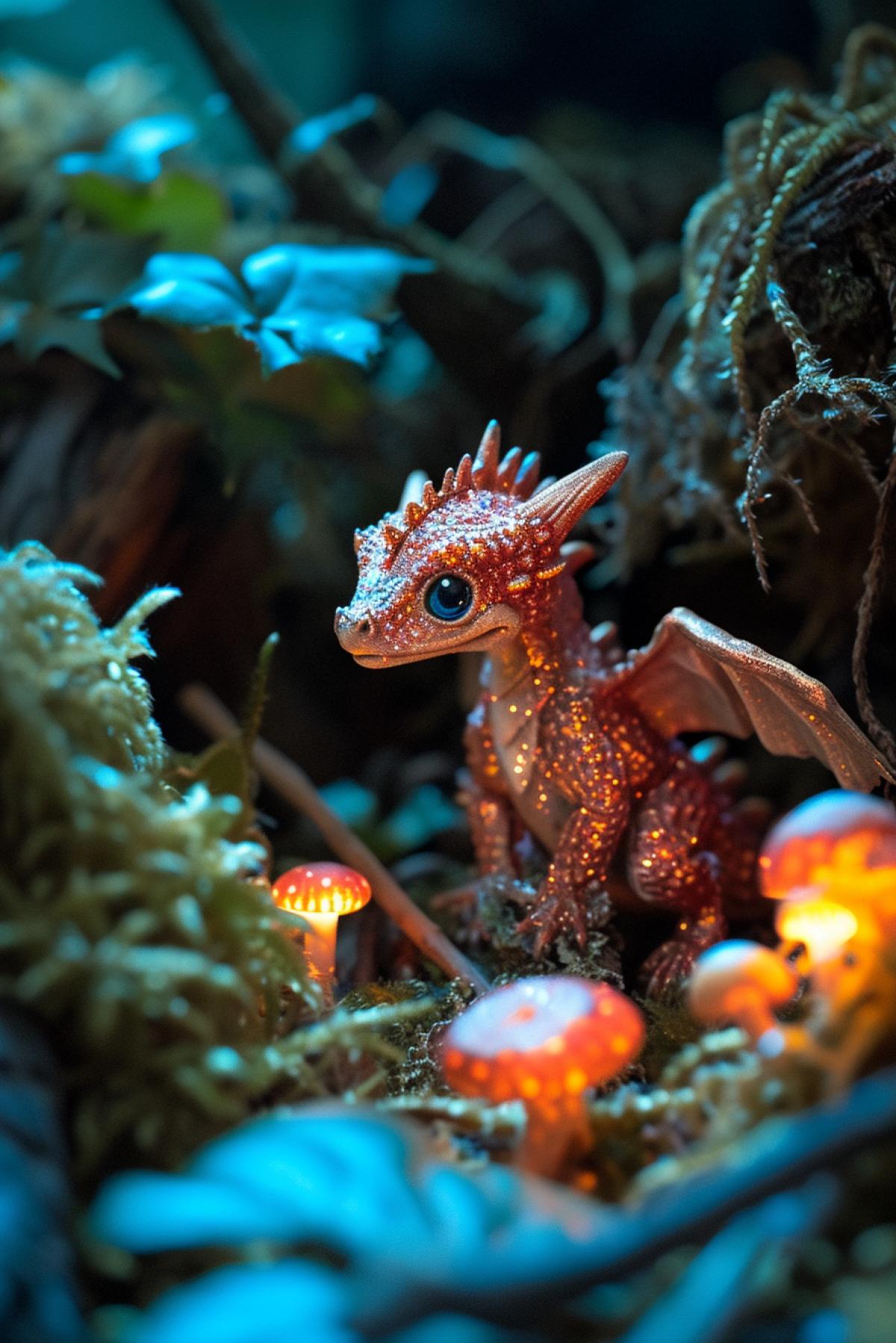 Nestled within a dragon nursery of bioluminescent mushrooms, Tiny Emberlings discover their fiery breath for the first time. Their diminutive wings flutter in excitement as they practice short bursts of flame, creating a warm, enchanting glow in the mystical cavern. These endearing Dragonlings, with eyes full of curiosity, evoke the charm of fledgling dragons in the early stages of their mythical existence.