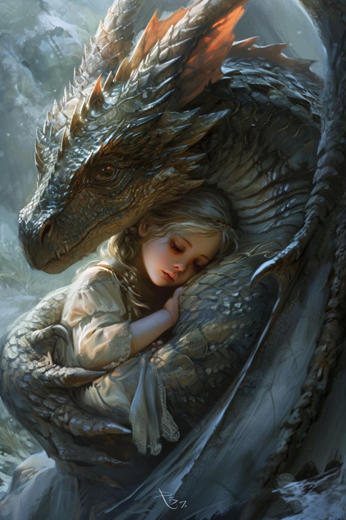 In a magical enclave where worlds entwine, a Dragoness tenderly shelters a human child within the protective curve of her wing. Their bond transcends species, as the Dragoness nuzzles the child with affection, her ancient eyes reflecting both wisdom and maternal warmth. The enchanting scene depicts an extraordinary connection, where the strength of a dragon\"s love cradles a tiny human, forging an unbreakable link between two different realms.