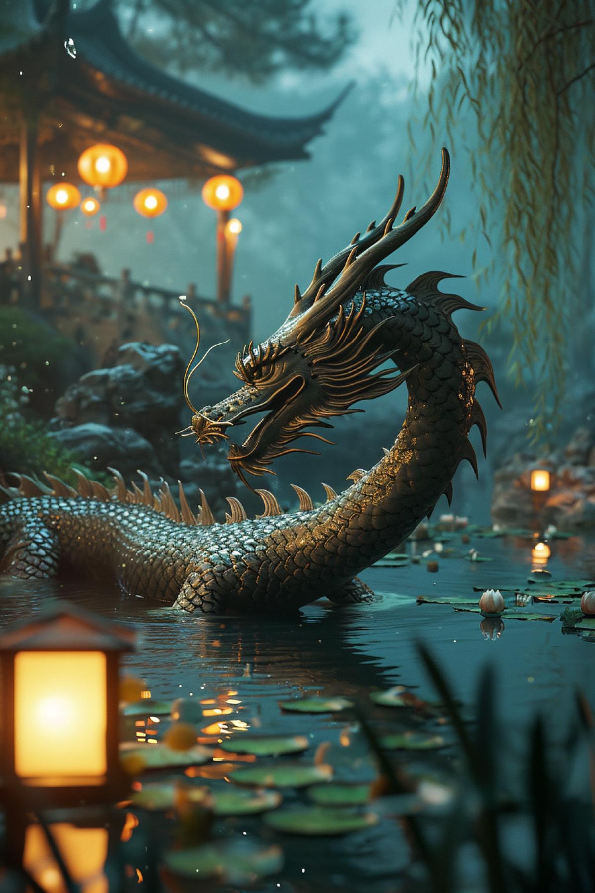 Within the sacred waters of a lotus-filled lake, the Imperial Pearl Dragon gracefully emerges. Its opulent, pearl-studded scales shimmer in the moonlight, radiating an aura of regal elegance. Lanterns sway from the surrounding willow trees, casting a gentle glow on the dragon\"s dignified form. The Imperial Pearl Dragon embodies the essence of ancient wisdom and imperial grace in a serene Chinese landscape.
