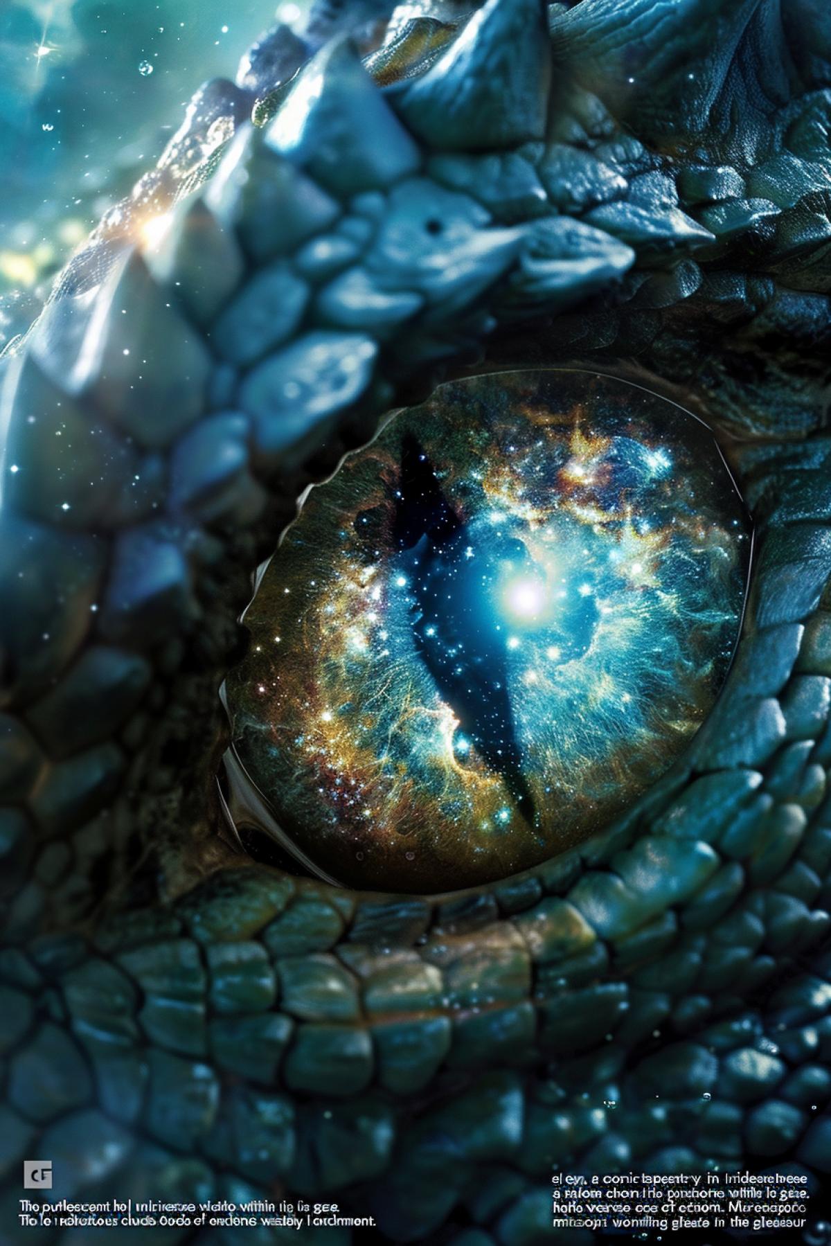 A dragon\"s eye, a cosmic tapestry in iridescent hues, holds the universe within its gaze. The pupil, a swirling galaxy, reflects the echoes of ancient wisdom, while the iris weaves nebulous clouds of enchantment. Microscopic worlds dance in the gleaming scales surrounding the eye, portraying the dragon\"s connection to the vast mysteries of the cosmos in a mesmerizing macrocosm.