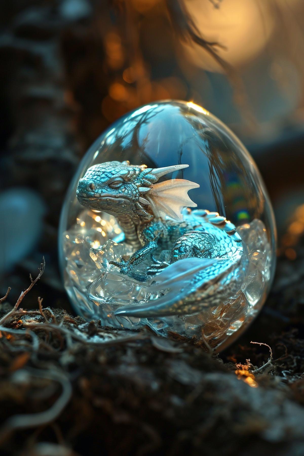Within a transparent egg, a baby dragon slumbers, cocooned in the soft glow of embryonic magic. Its minuscule form, adorned with delicate scales, seems to float amidst swirling ethereal wisps. Tiny wings cradle the dragon in a protective embrace, and the shell refracts ambient light, creating an otherworldly aura. This creative portrayal captures the enchantment of a nascent dragon\"s existence, suspended in the serene sanctity of its crystalline sanctuary.