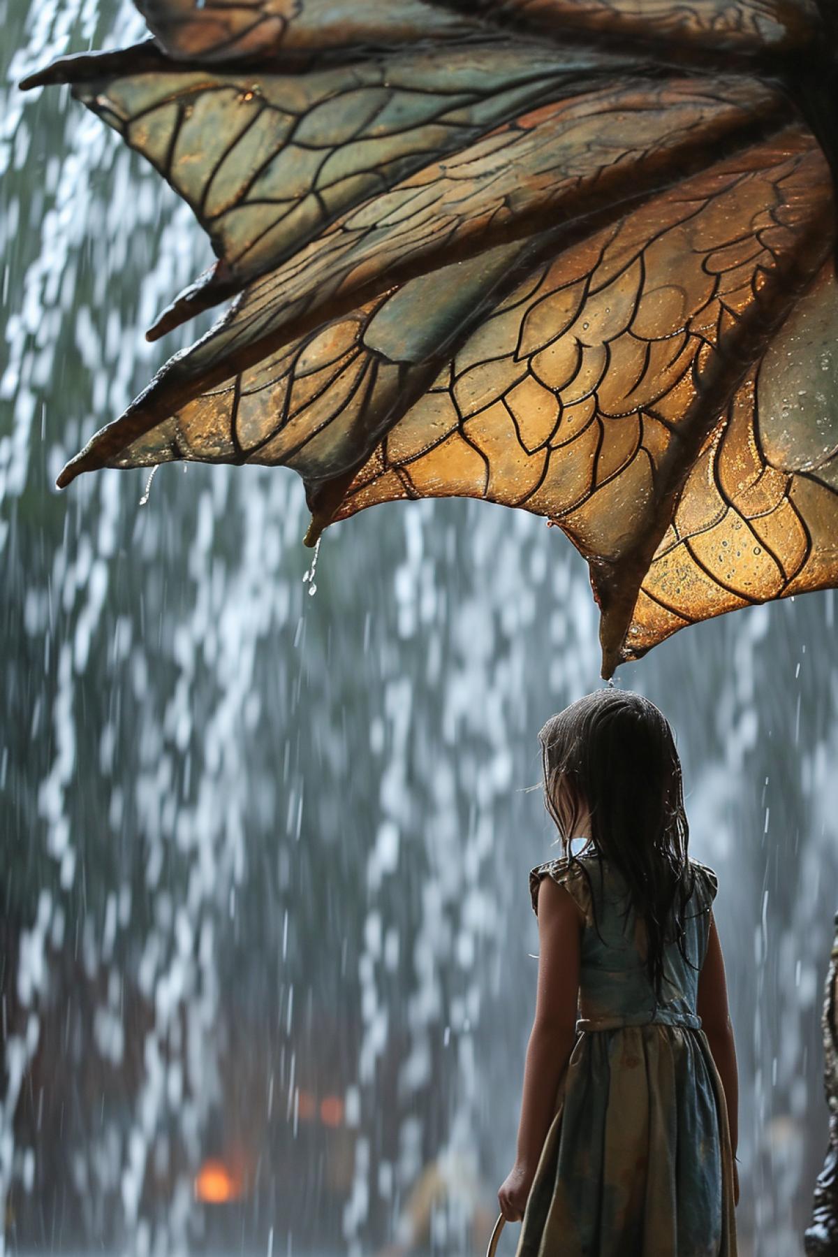 A girl strolls beneath a dragon-wing umbrella, its expansive wingspan forming a protective canopy. The intricate design mimics the ethereal scales of a dragon, catching the raindrops that cascade like shimmering tears. The girl, enveloped in the mythical aura, gracefully moves through the downpour, embodying the harmonious dance between the mundane and the fantastical under the shelter of the dragon\"s wings.