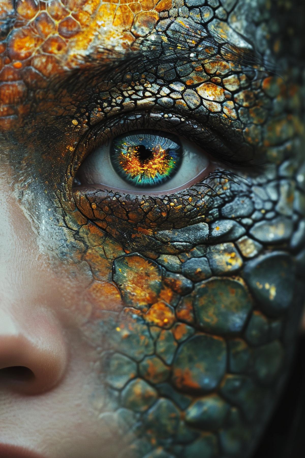 A visage of enchanting duality unfolds, where the eyes become the focal point of a living canvas. One eye, a window to the ancient wisdom and fiery intensity of dragons, glows with ethereal scales reminiscent of celestial constellations. Adjacent, the human eye, profound and filled with the depth of tender emotion, reflects the earthly grace of humanity. This extraordinary countenance captures the captivating union of mythical allure and human essence, where the gaze tells a tale of both ancient mysteries and the warmth of the human soul.