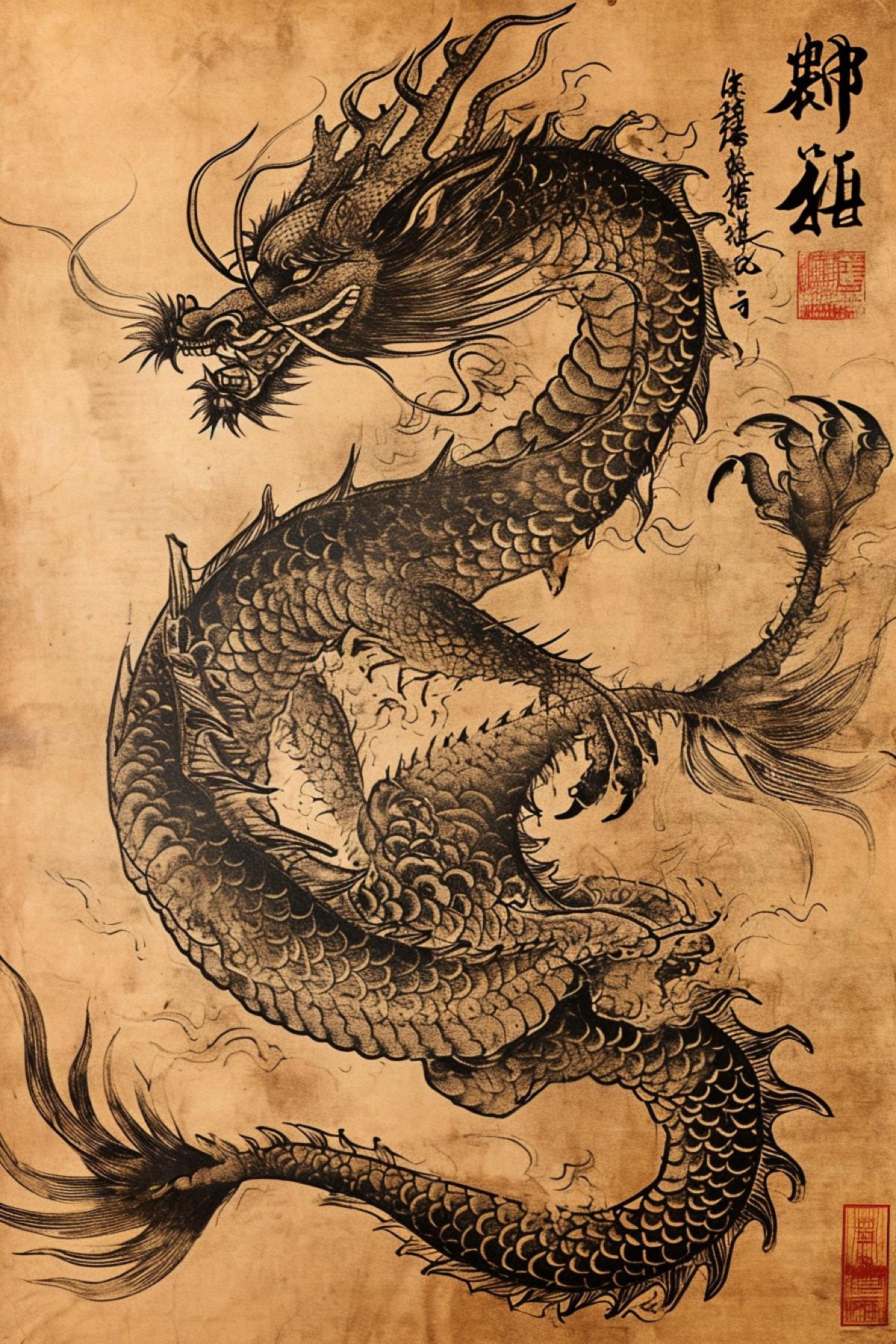 Dragon, on ancient Chinese parchment, very old quality
