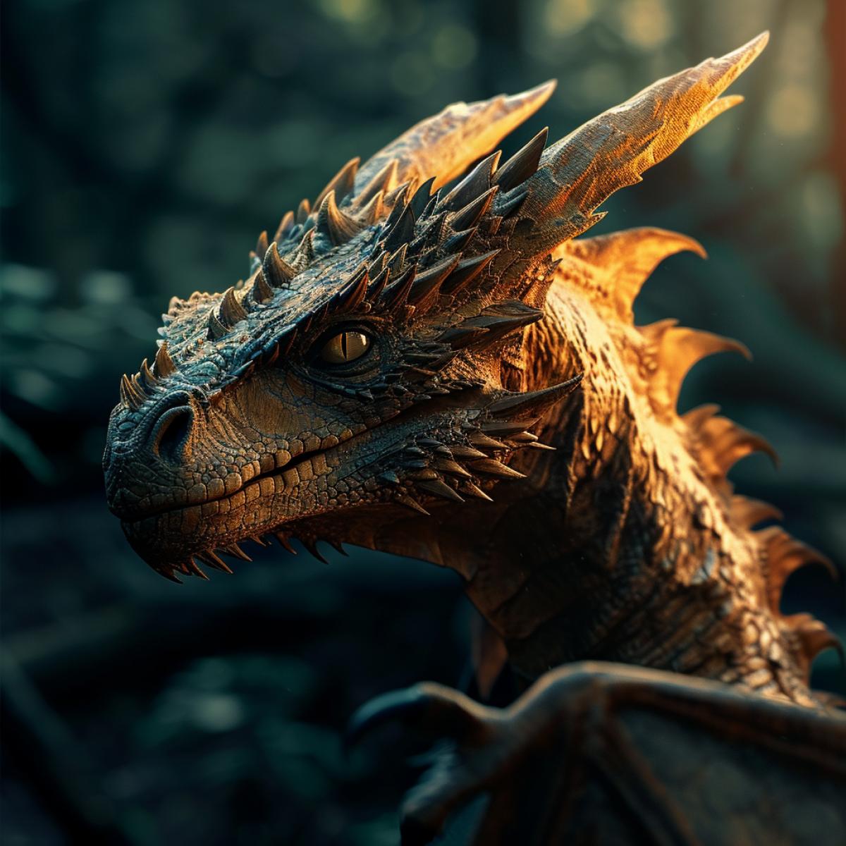 Realistic photo of a beautiful kind dragon in mystical lighting in the style of the Lord of the Rings