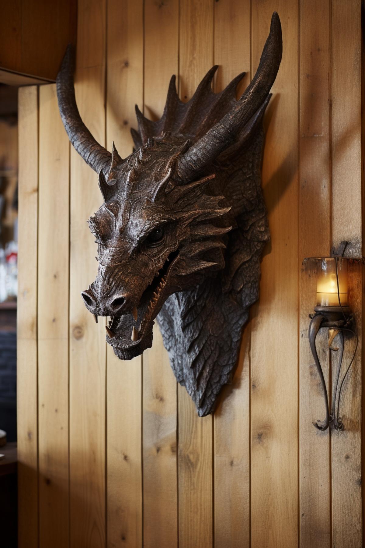 Dragon\"s head as Hunter\"s trophy on the wall of cosy chalet