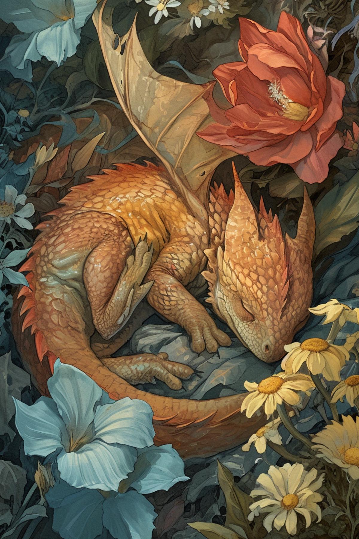 Sleeping wingy dragon babies among flowers