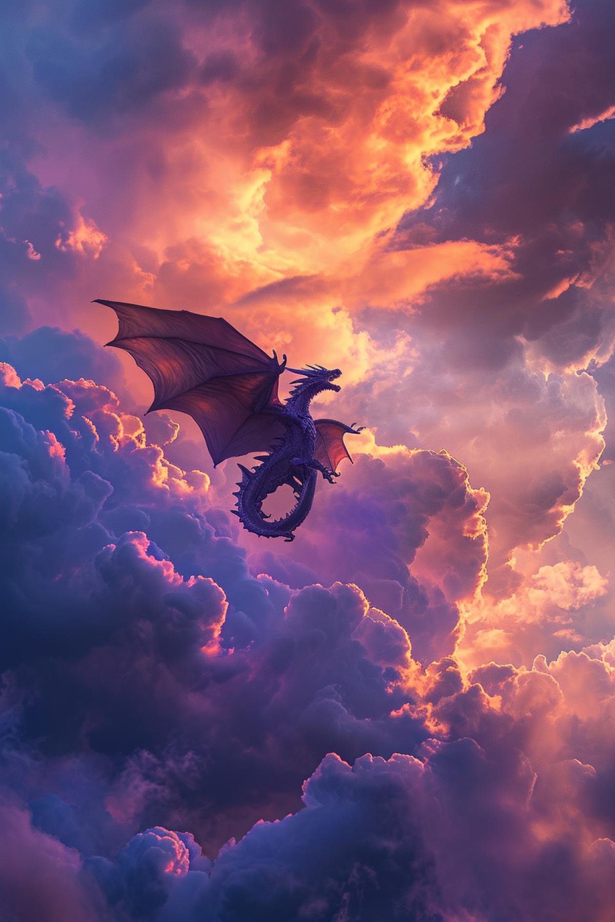 Horrifying terrible dragon flying across cloudy skies thunderstorm vibrant colours