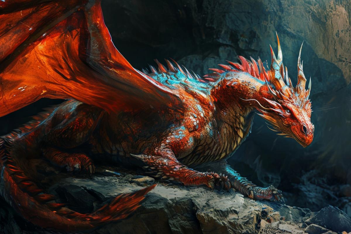Realistic full-length photo of a red dragon, powerful, strong, but very beautiful, in mystical lighting with iridescent scales