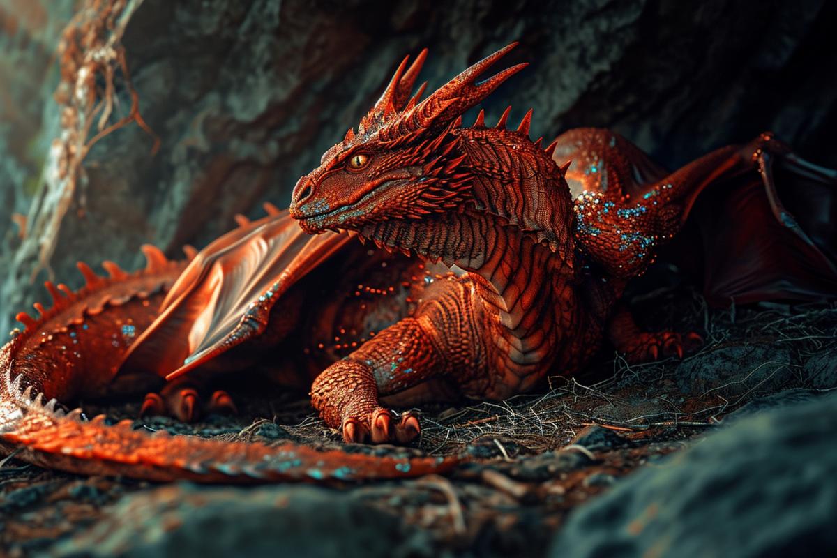 Realistic full-length photo of a red dragon, powerful, strong, but very beautiful, in mystical lighting with iridescent scales, a masterpiece
