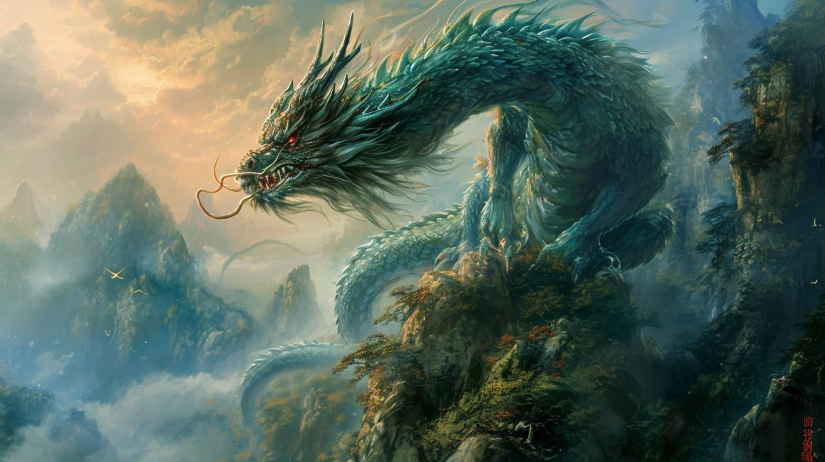 An eerie huge dragon in traditional Chinese style, icy frosty flames, is on the top of a mountain, summer, green shades, high quality, good detail, 4K, wallpaper, traditional Chinese painting