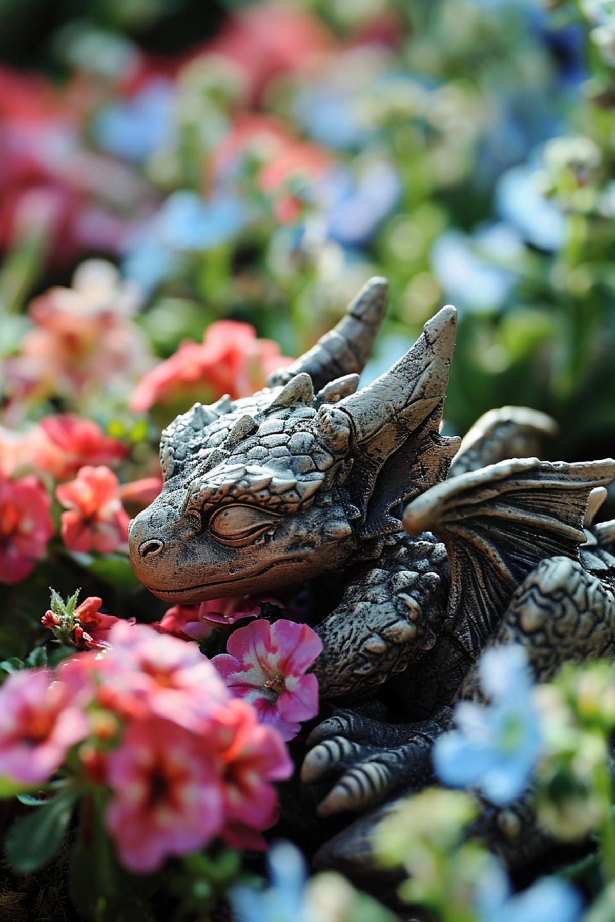 Sleeping wingy dragon babies among flowers