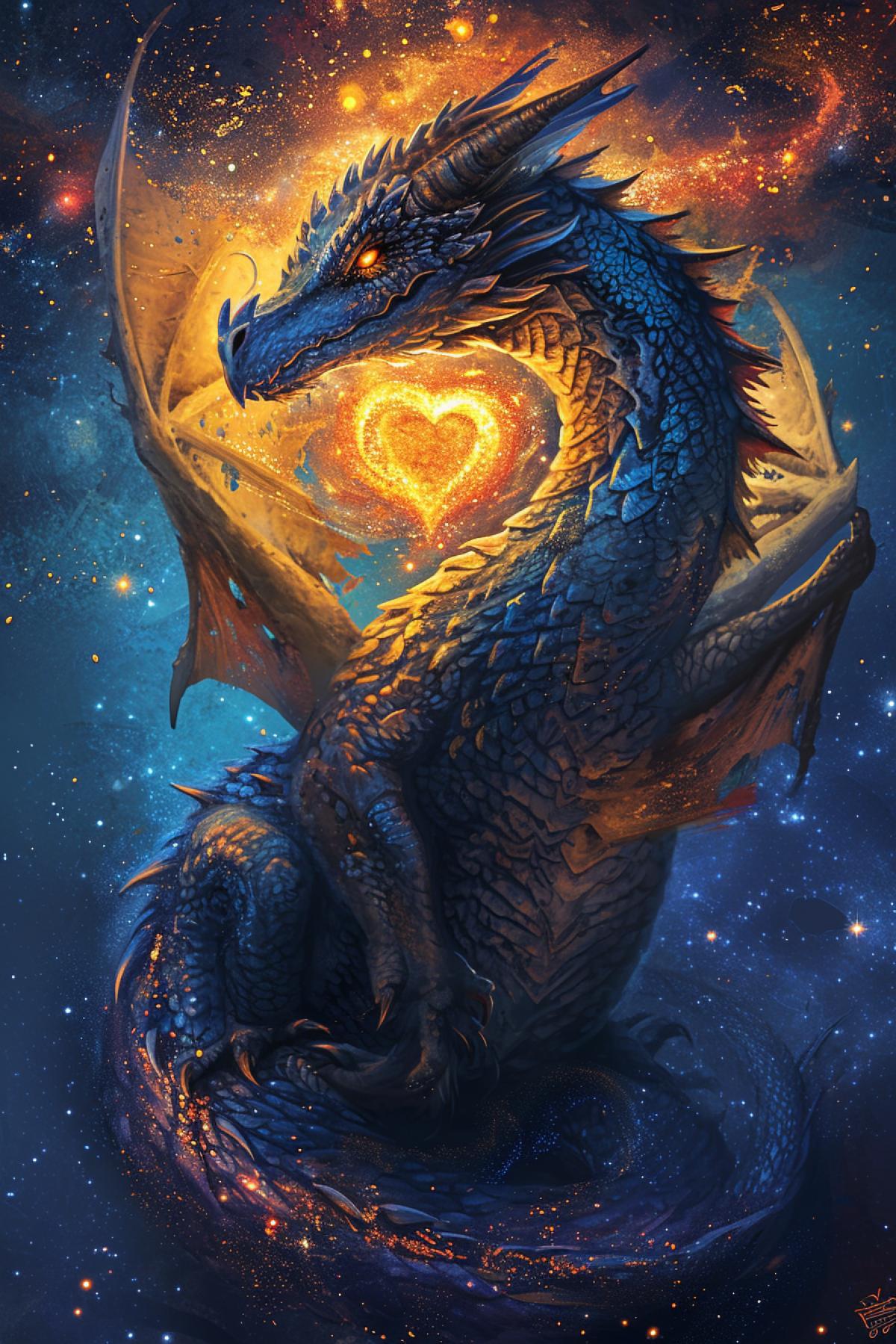 New Year\"s festive beautiful dragon with a heart in the shape of a star galaxy spiral