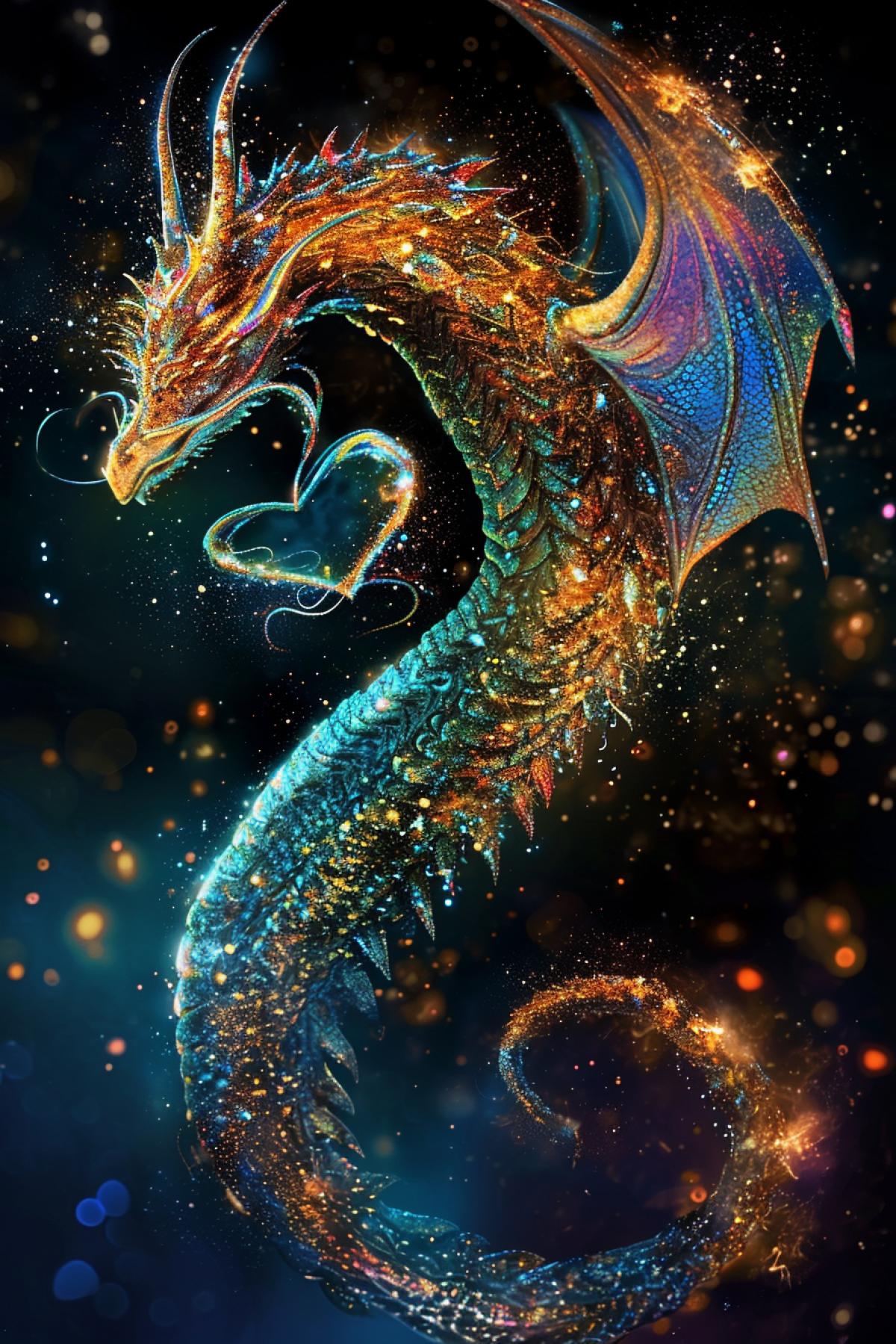 New Year\"s festive beautiful dragon with a heart in the shape of a star galaxy spiral