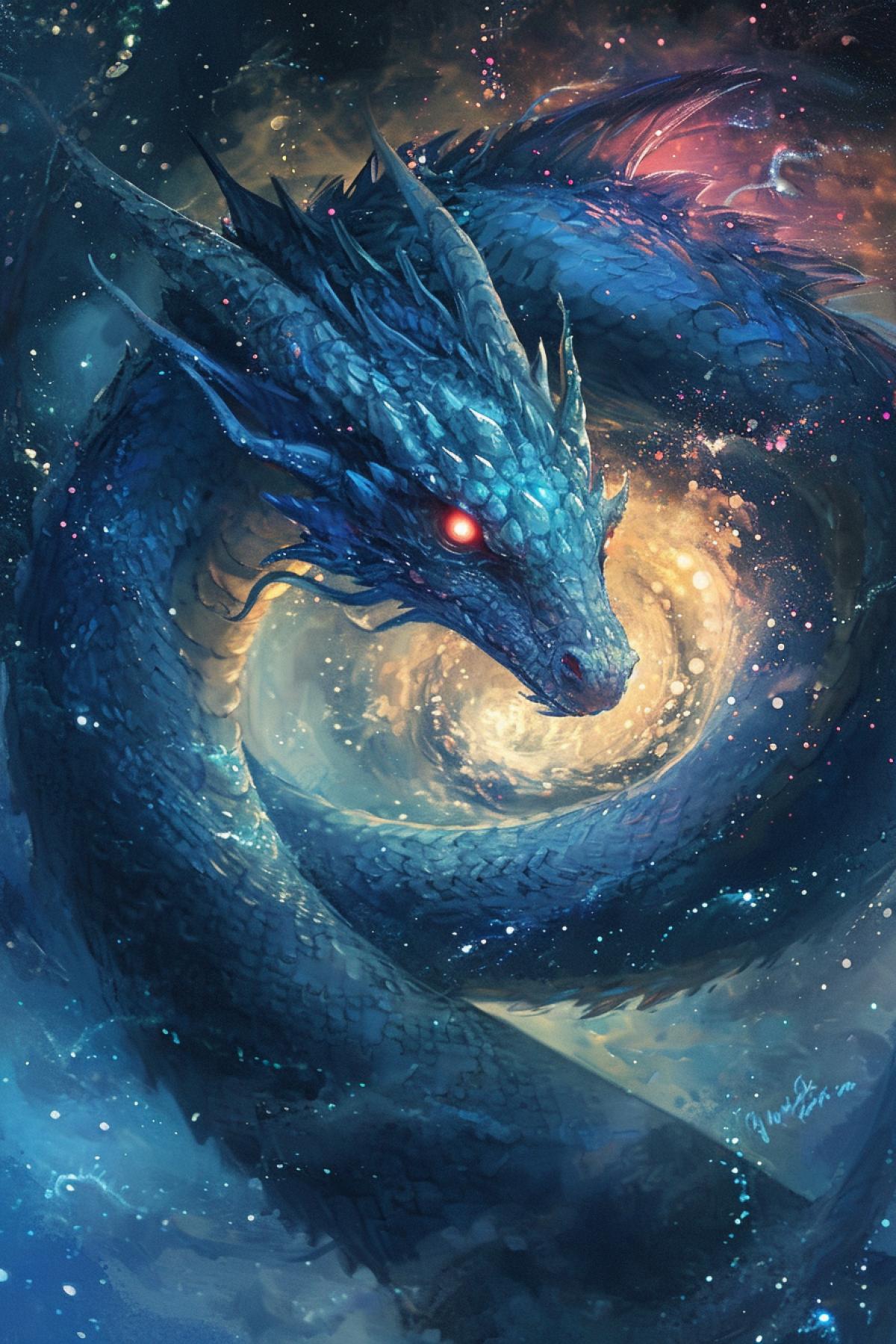 New Year\"s festive beautiful dragon with a heart in the shape of a star galaxy spiral