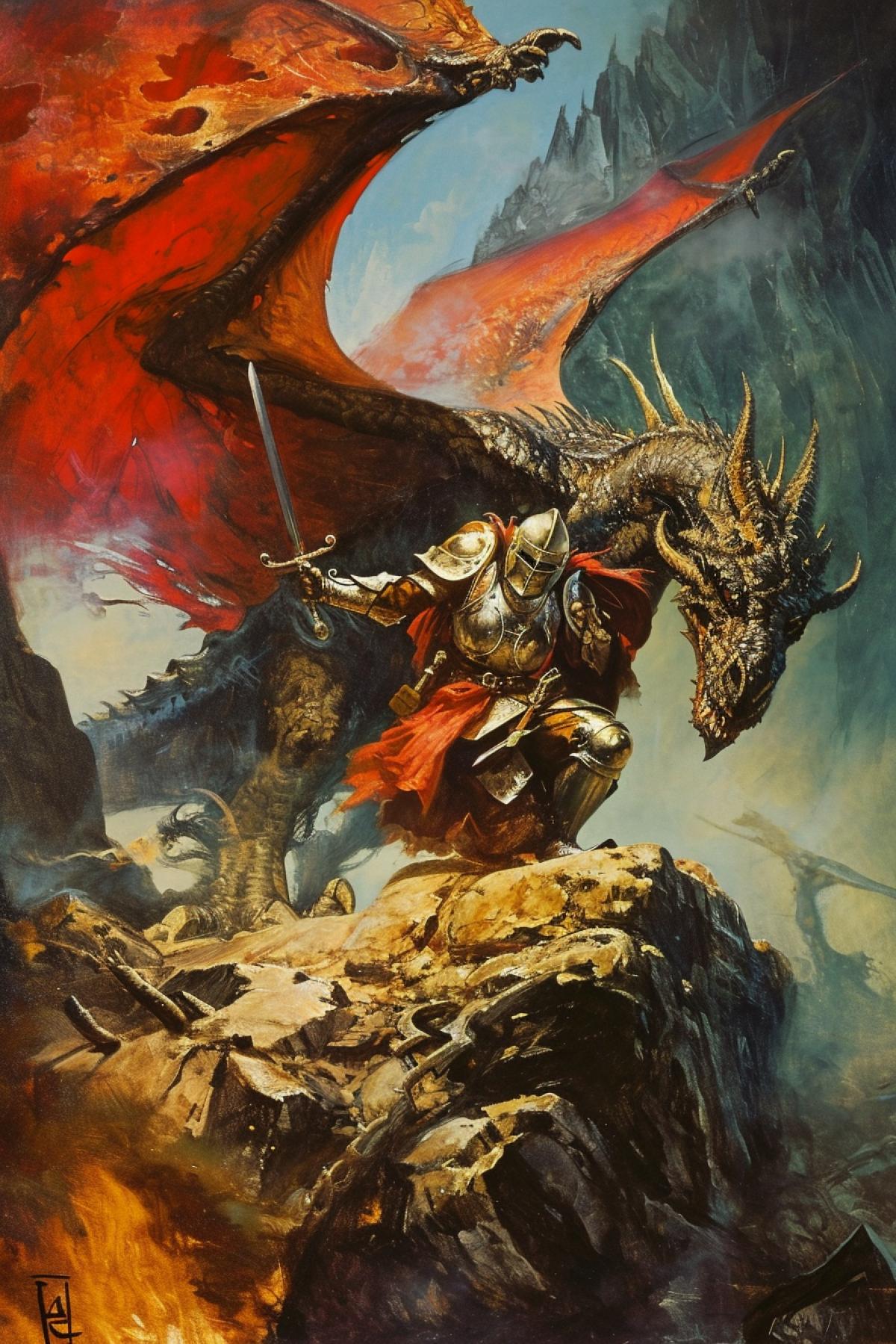 Fearless medieval knight Lancelot fighting the terrible dragon Boris Vallejo art