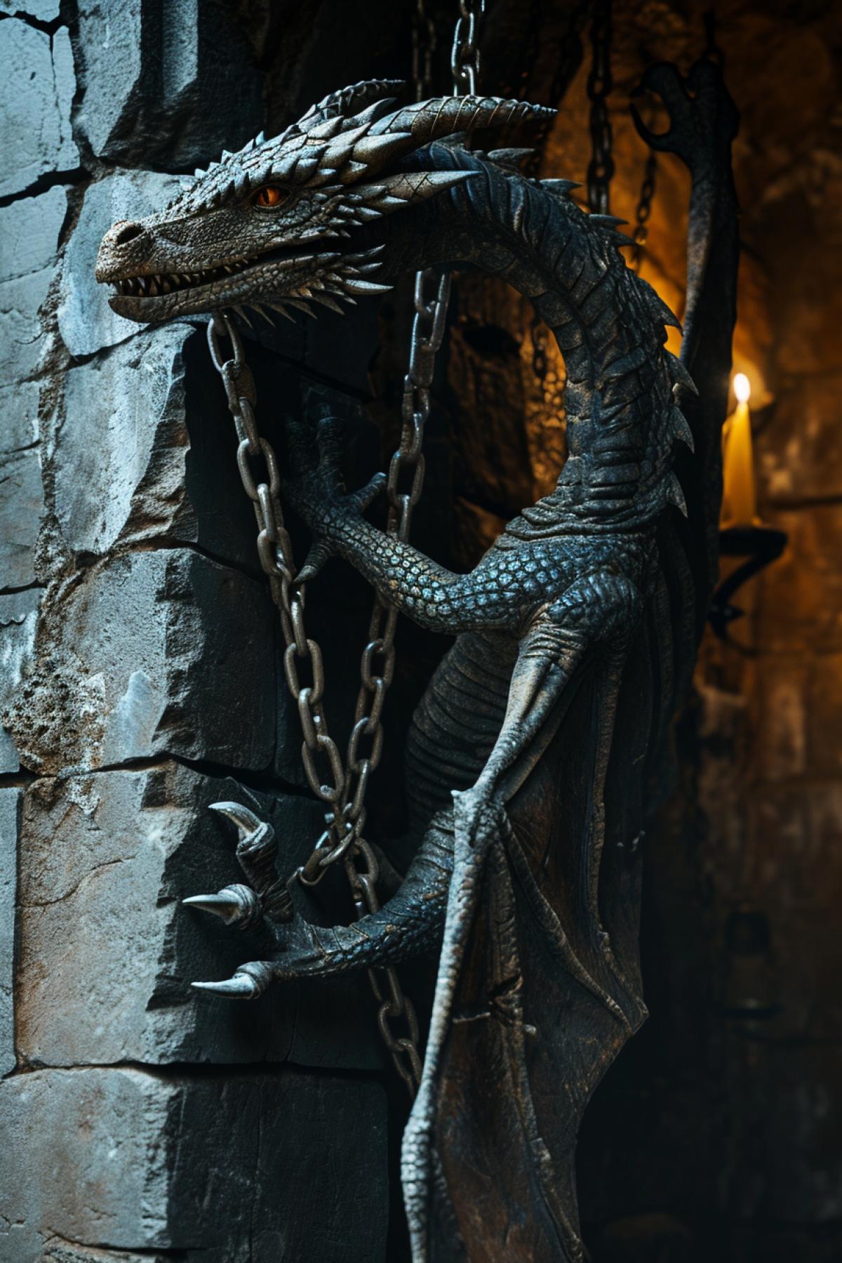 Imprisoned dragon in medieval tower on chain low view realistic photo