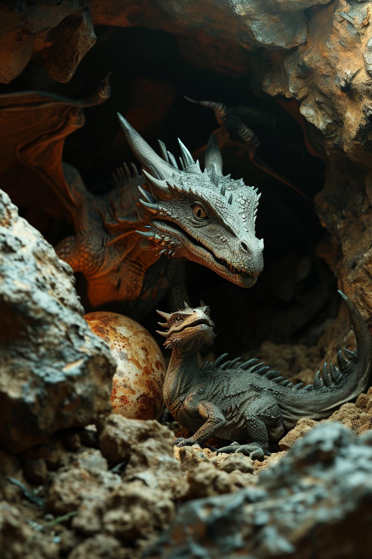 In poorly lightened cave several dragon\"s eggs one open with small baby dragon crawling out mother dragon watching the baby touching nice scene