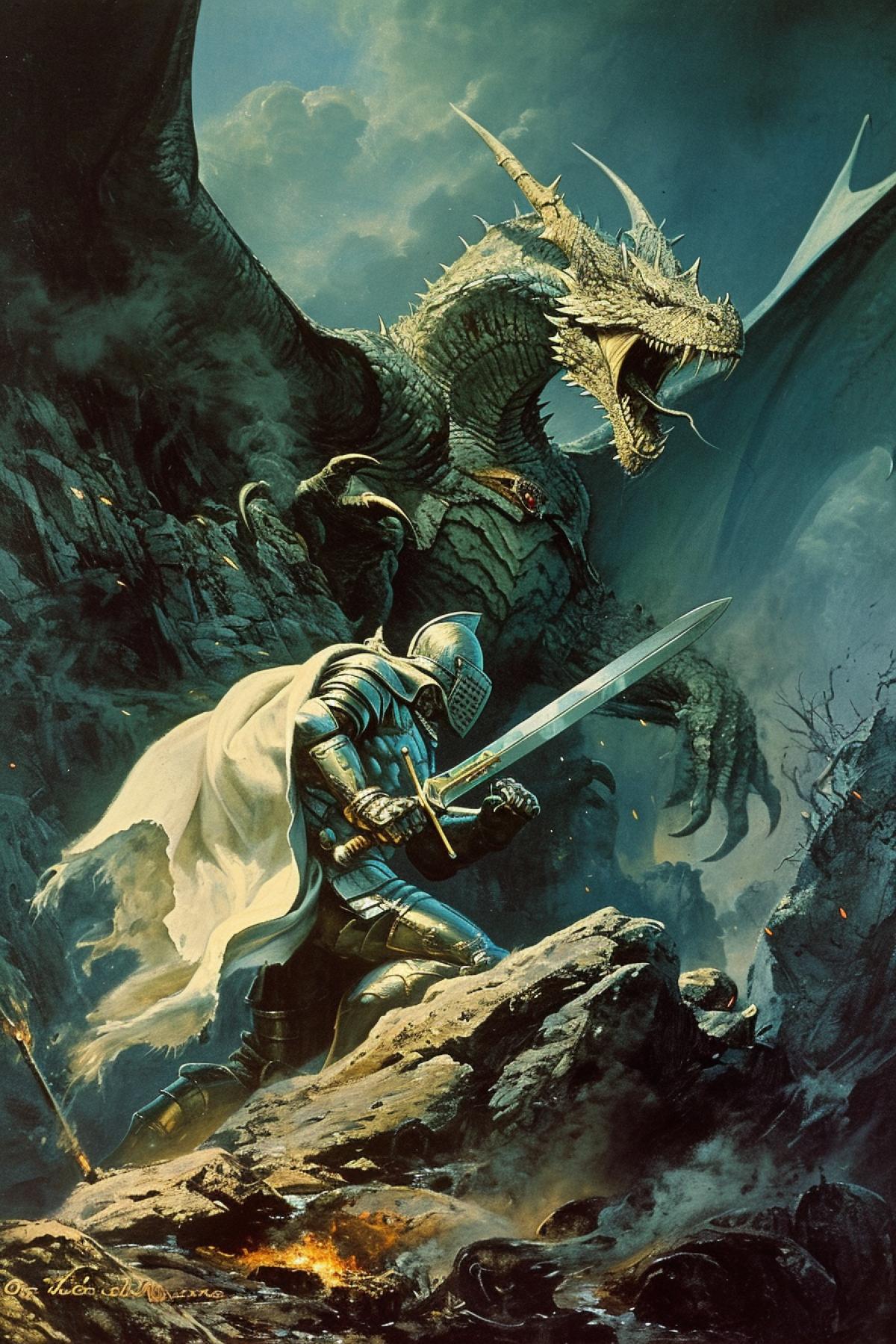 Fearless medieval knight Lancelot fighting the terrible dragon Boris Vallejo art