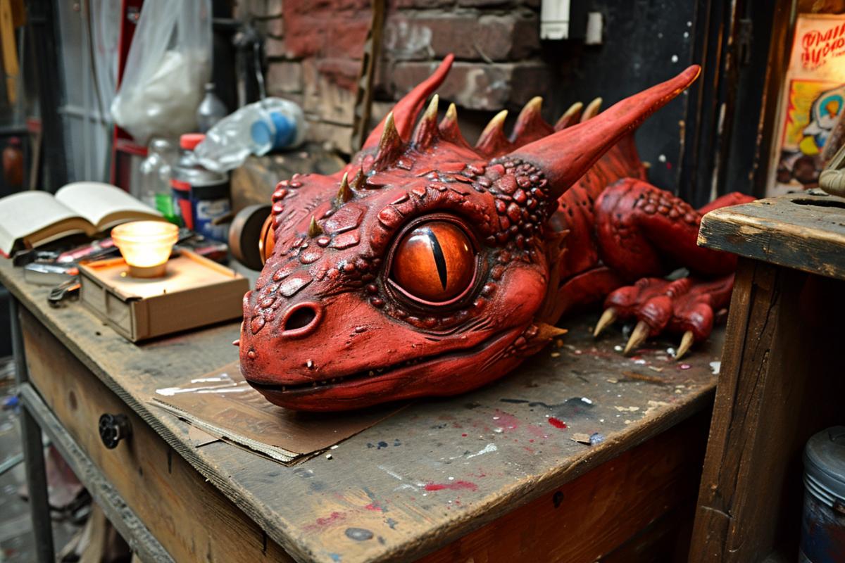 A dragon created from garbage lies on a pile of garbage