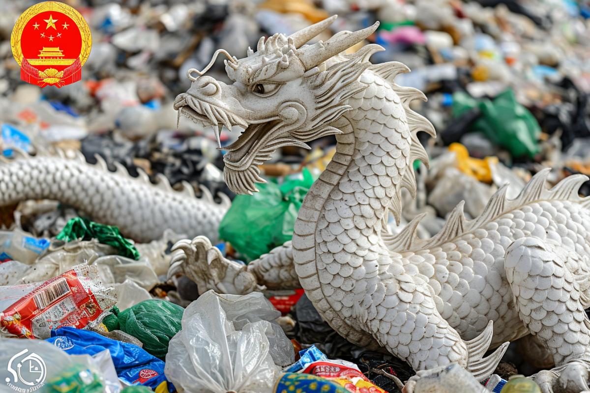 A dragon created from garbage lies on a pile of garbage