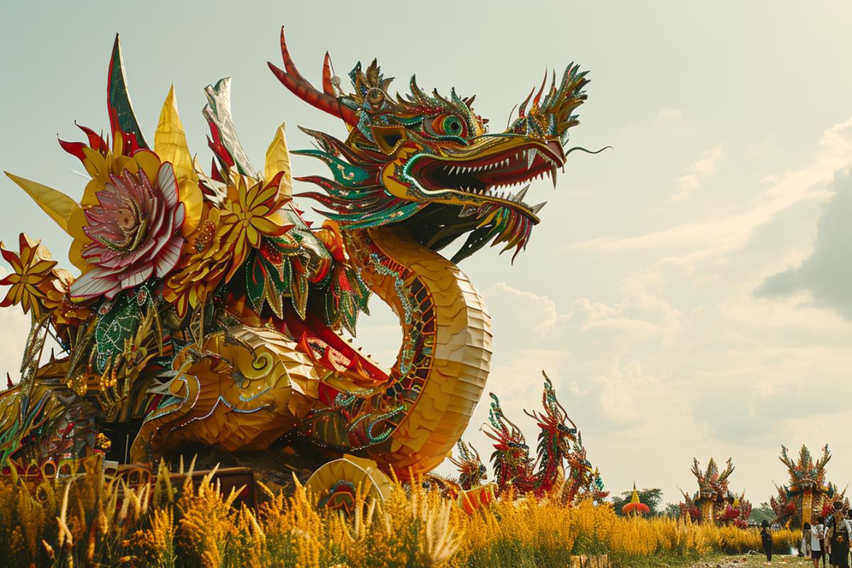 A dragon created from garbage lies on a pile of garbage