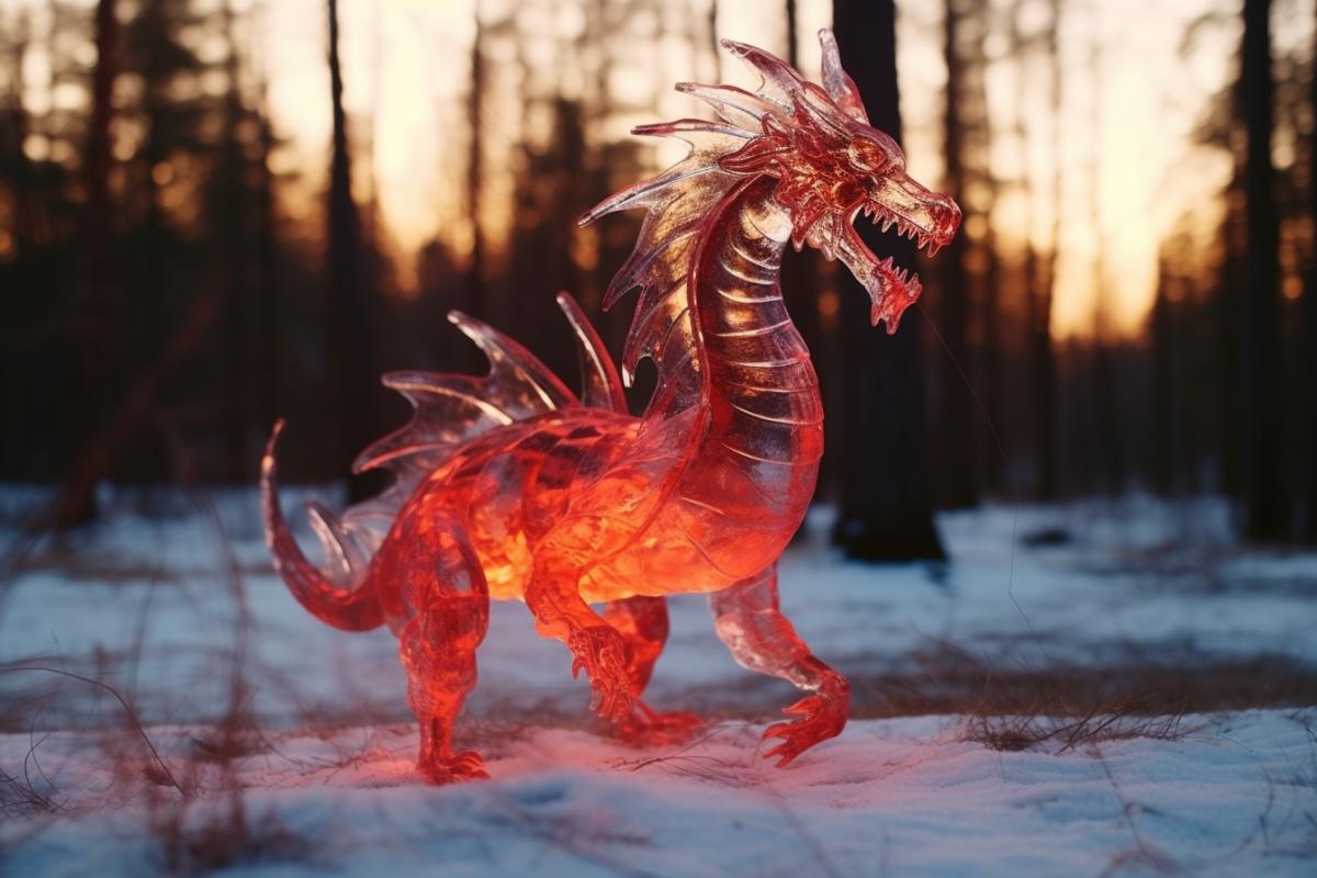 Transparent fire dragon on a frosty day
