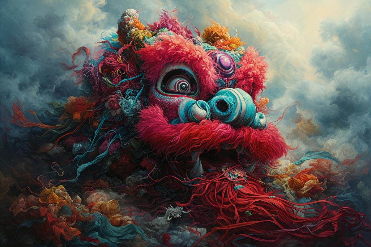A dragon created from garbage lies on a pile of garbage