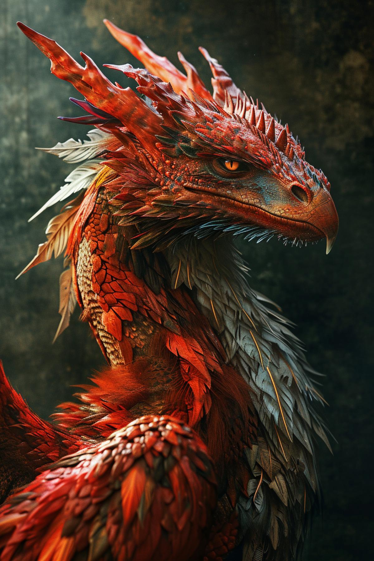 Mysterious Red dragon covered with fur, with eagle wings and snake tail, photo of fantastic creature in mystical style, the whole body in the frame