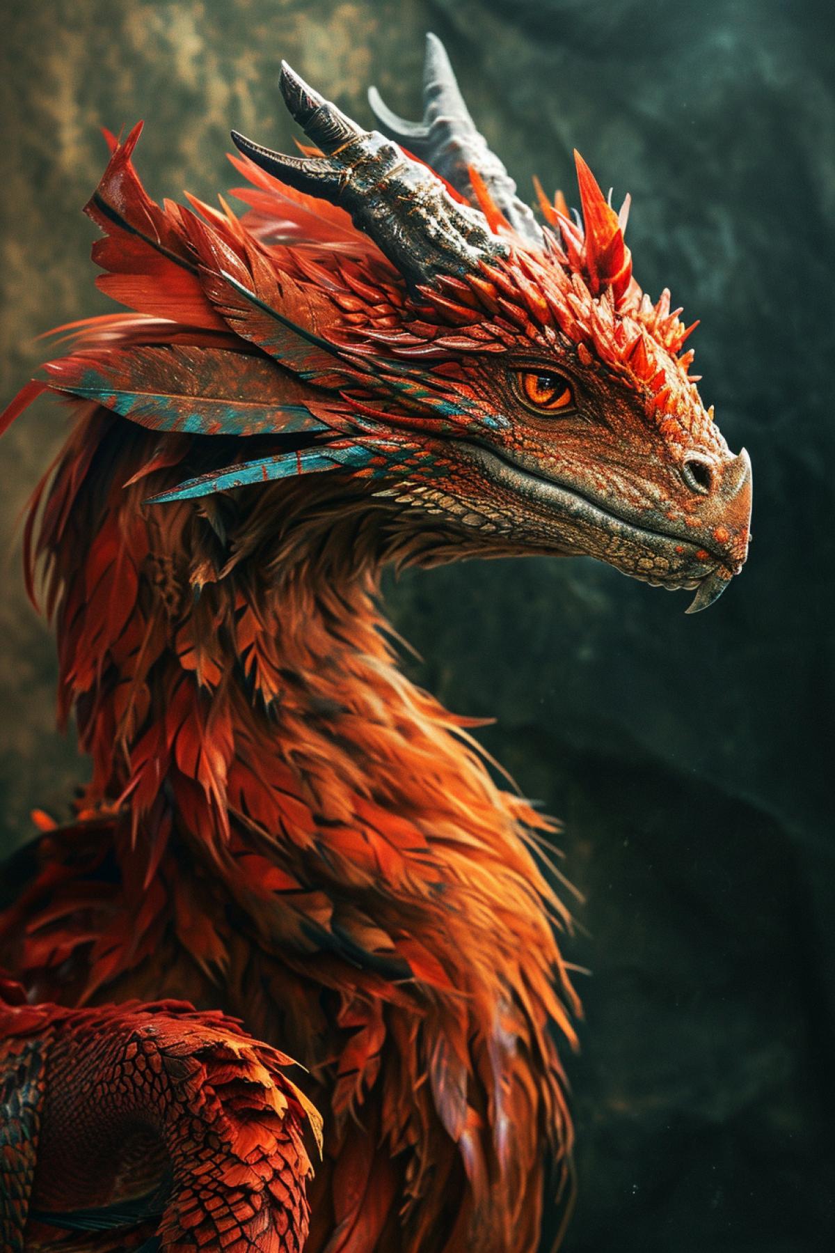 Mysterious Red dragon covered with fur, with eagle wings and snake tail, photo of fantastic creature in mystical style, the whole body in the frame