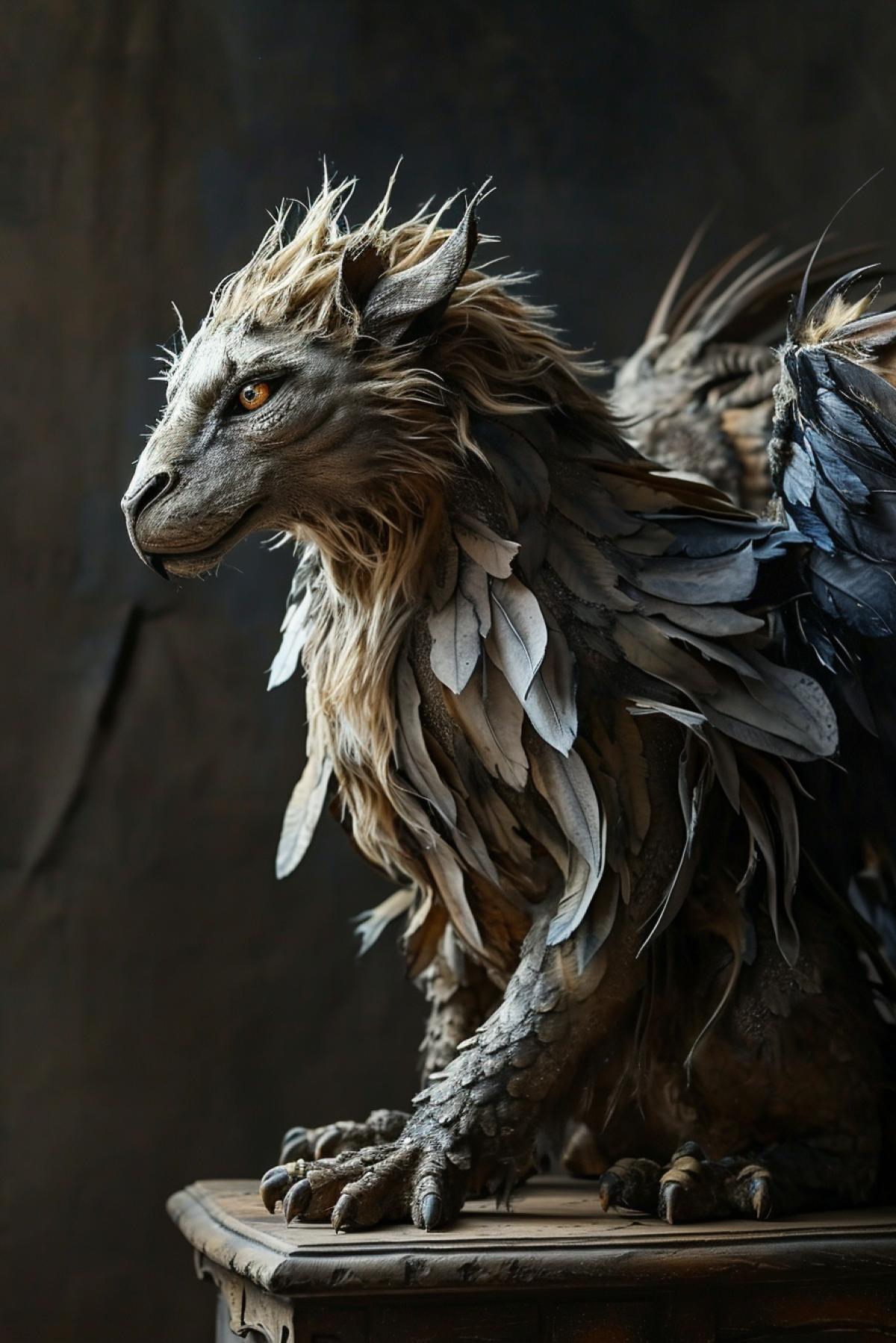 A mysterious dragon with a geena body covered in lion fur, with a devil\"s tail and raven wings. Photo of fantastic creature in mystical style.