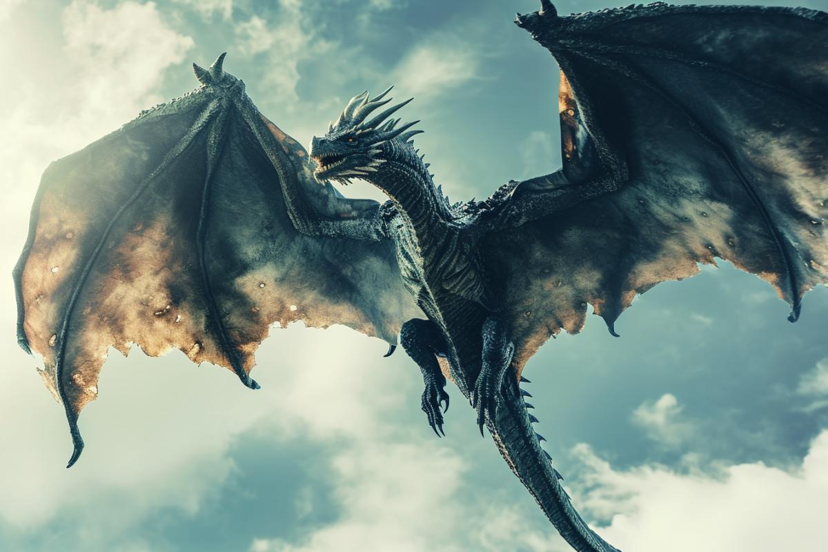 a large powerful beautiful dragon with large wings flies in the sky, fairy-tale magical world, gothic style, photography