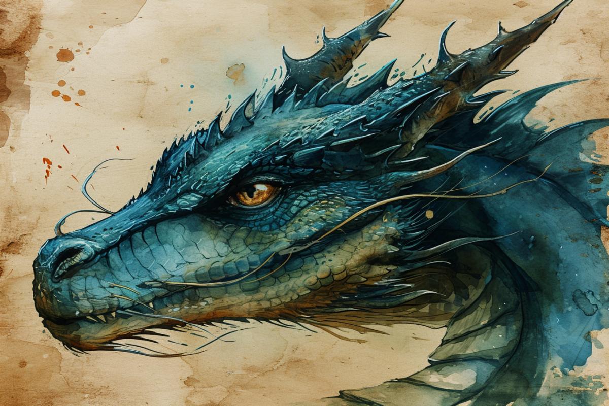 Dragon as a mythical creature from the mythology of Ancient China, in the style of traditional Chinese painting, white background, colored ink and watercolor