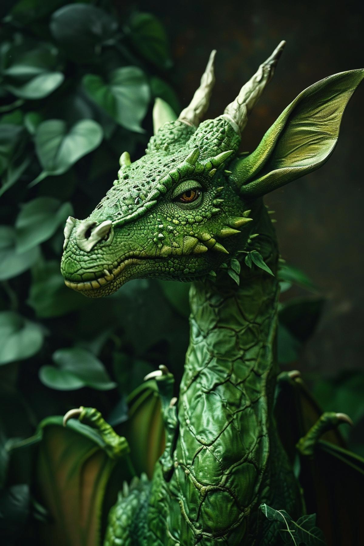 Mysterious green dragon with giraffe body, buffalo horns and bat wings. photo of mystical creature in elfin style.