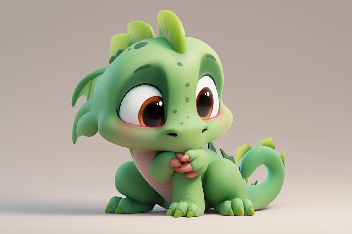 Cute adorable baby green wooden dragon, Pixar style