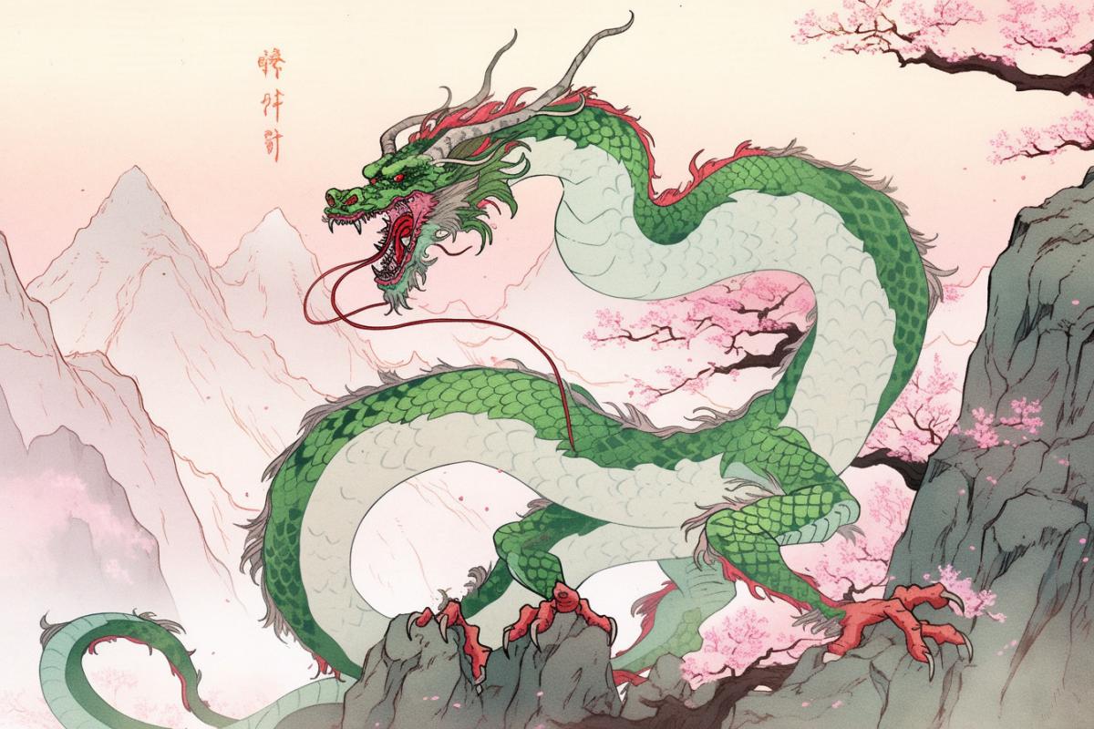 Green Dragon, full-length, writhing snake-like body, four legs, fiery breath, a mythical creature from Ancient China, in the style of traditional Chinese painting, against the backdrop of mountains and cherry blossoms, colored ink and watercolor